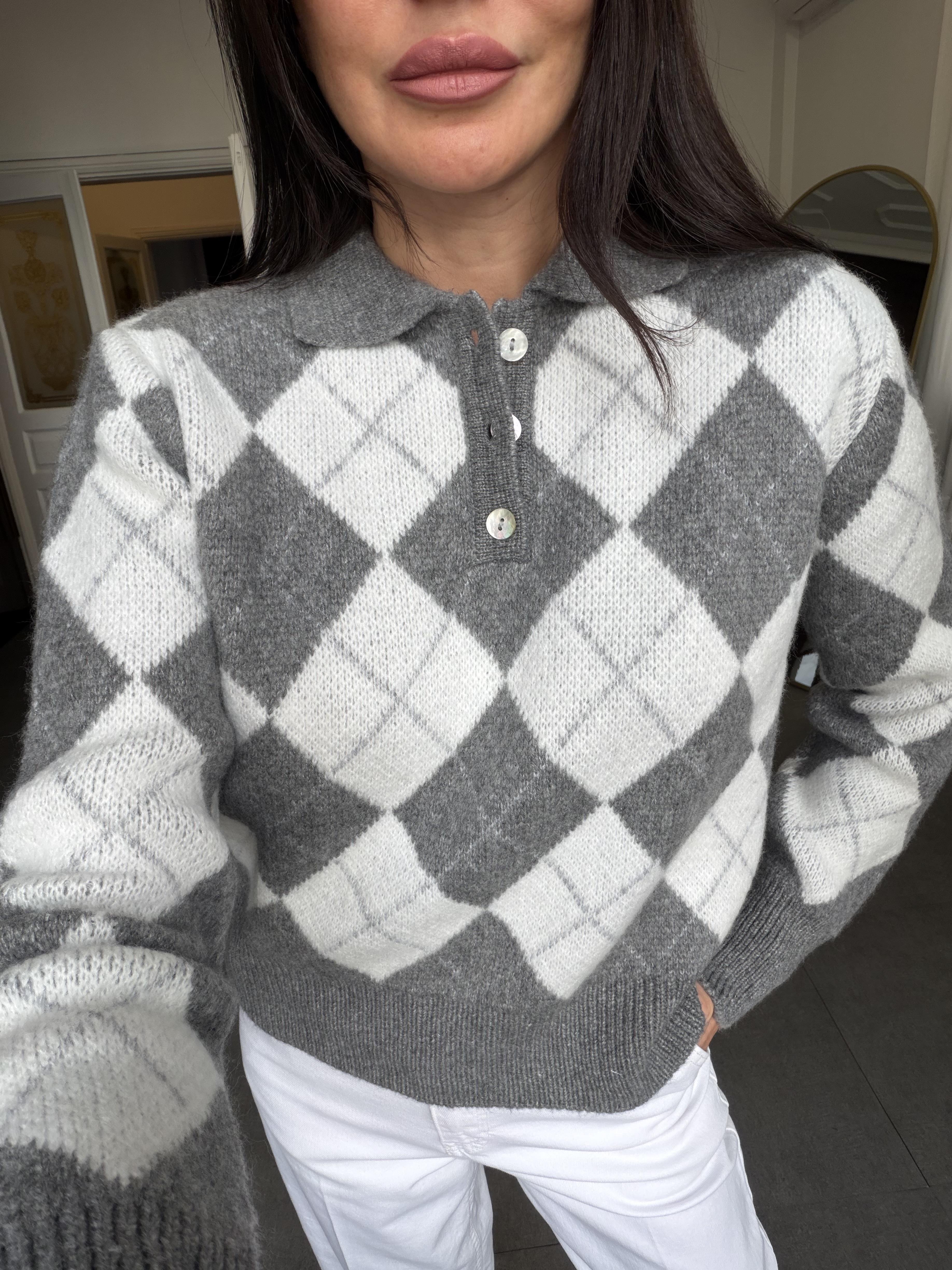 Gri-Kemik Triko Atkılı Kazak