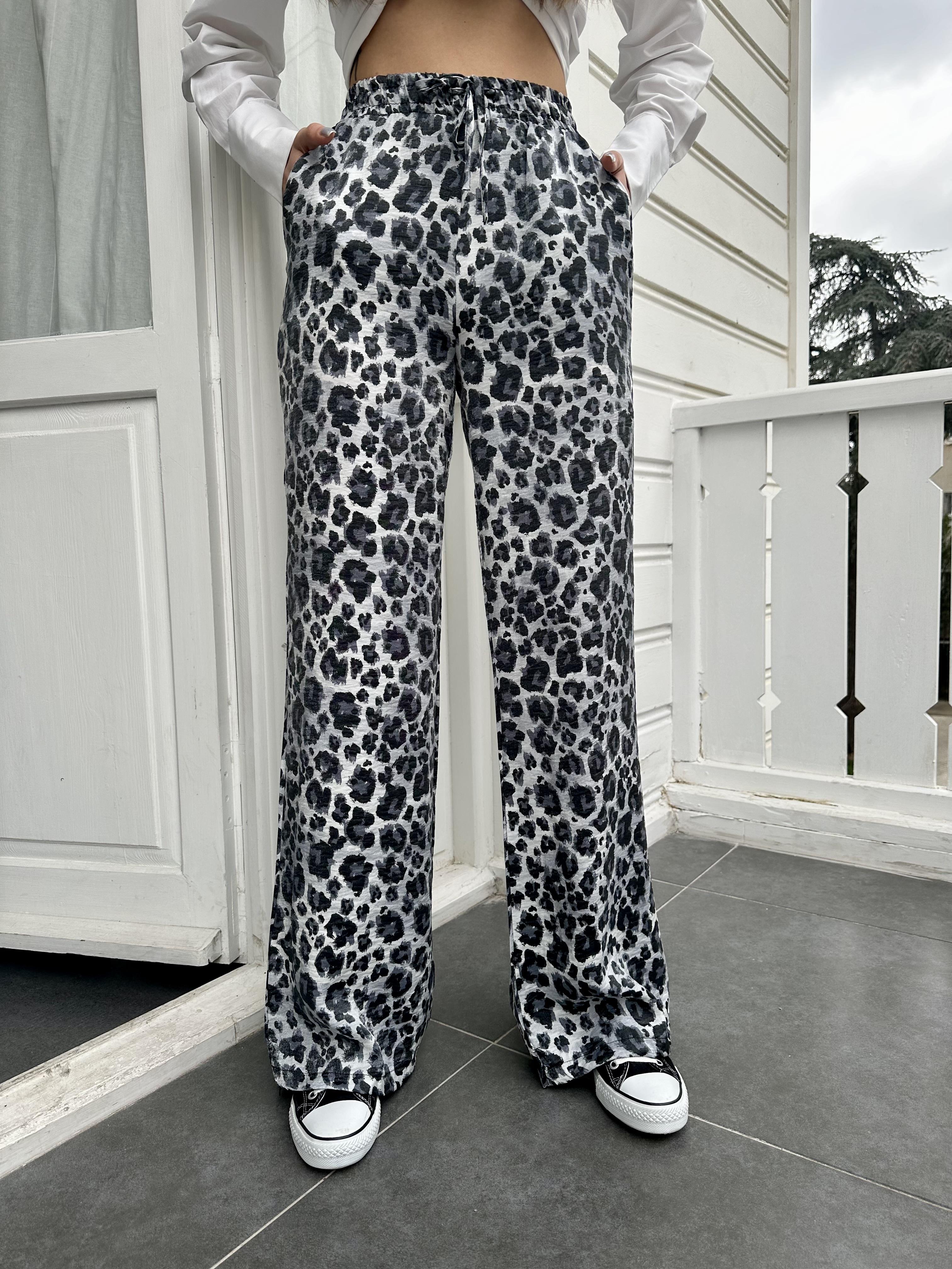 Gri Leopar Saten Pantolon