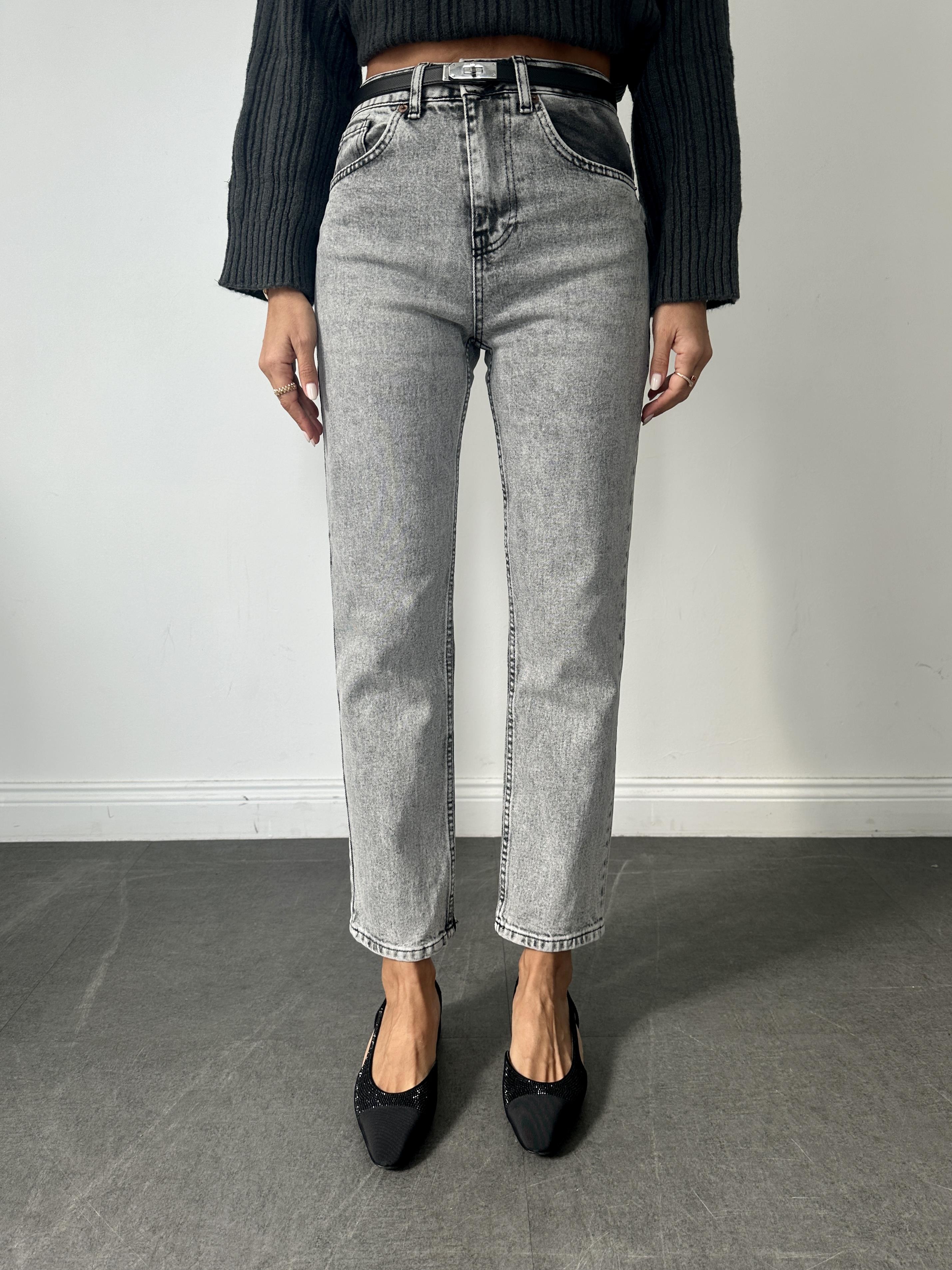 Gri Mom Fit Jean Pantolon