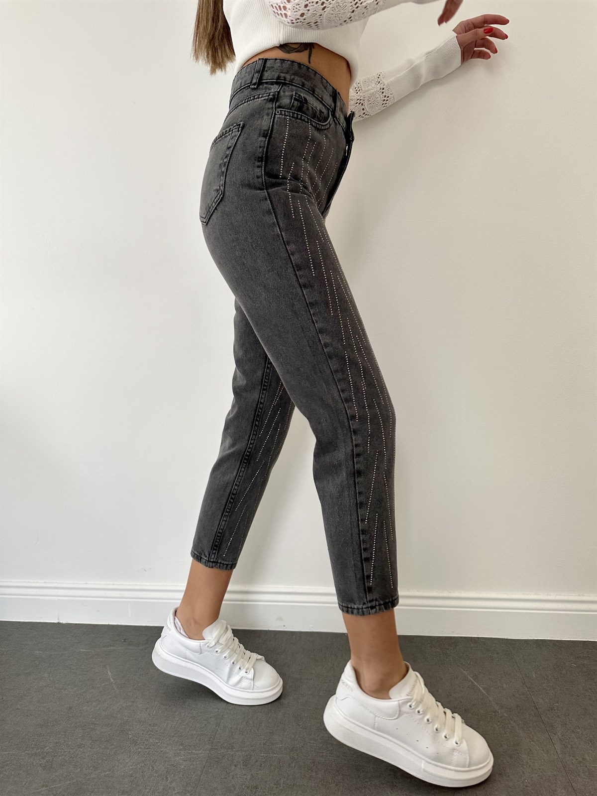 Gri Simli Mom Jean Pantolon