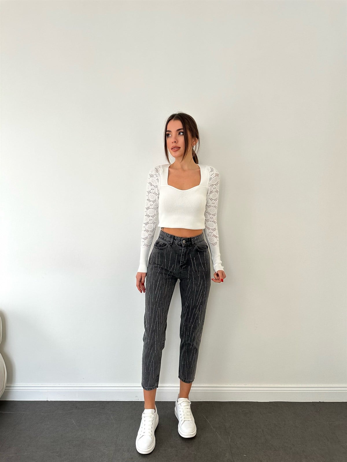 Gri Simli Mom Jean Pantolon