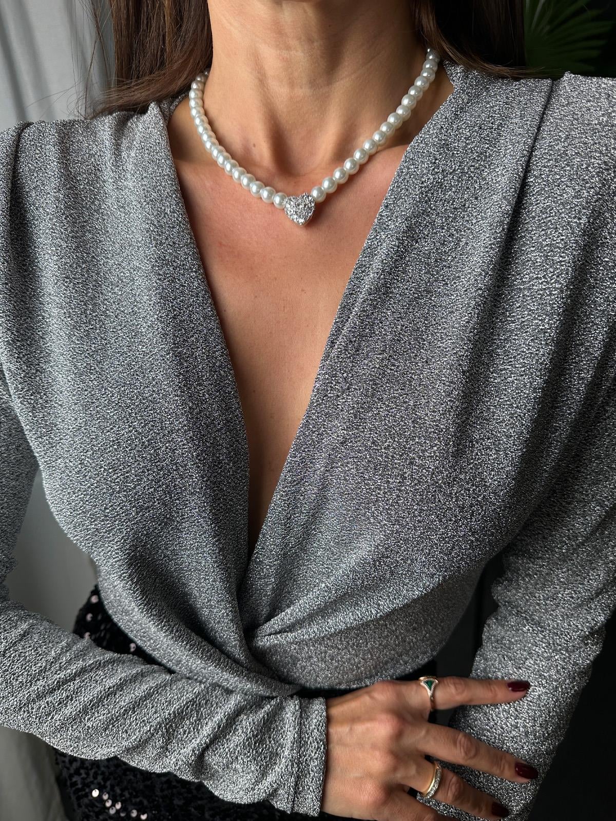 Gri Simli Vatkalı Bodysuit