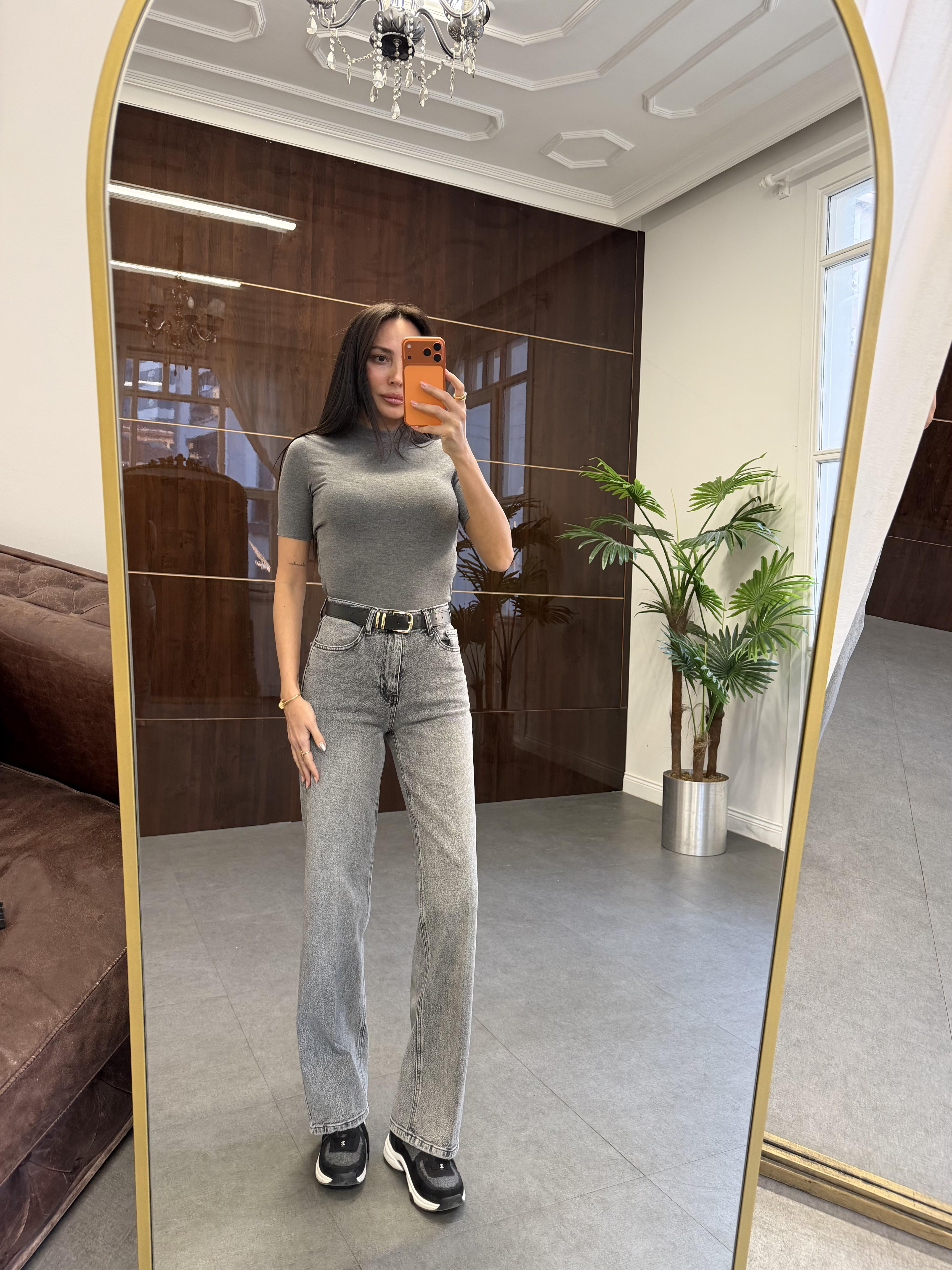 Gri Ütü İzli Wide Leg Jean Pantolon