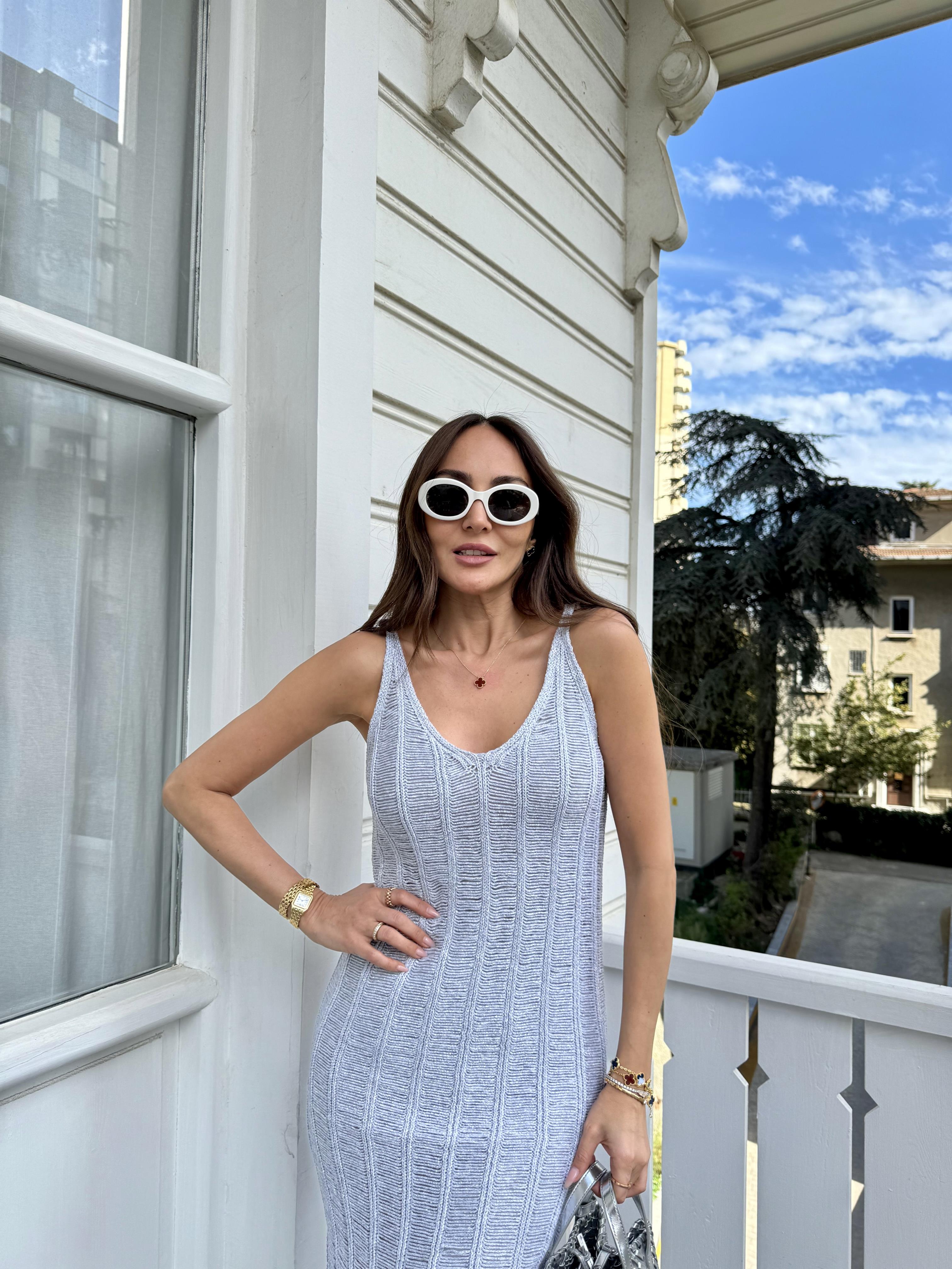 Gümüş Merserize Astarlı Simli Elbise