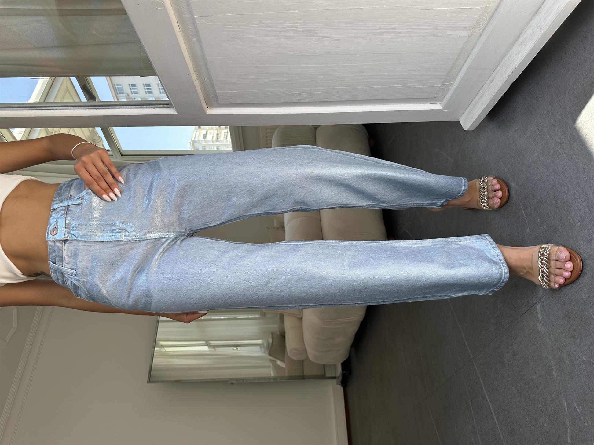 Gümüş Parlak Doku Jean