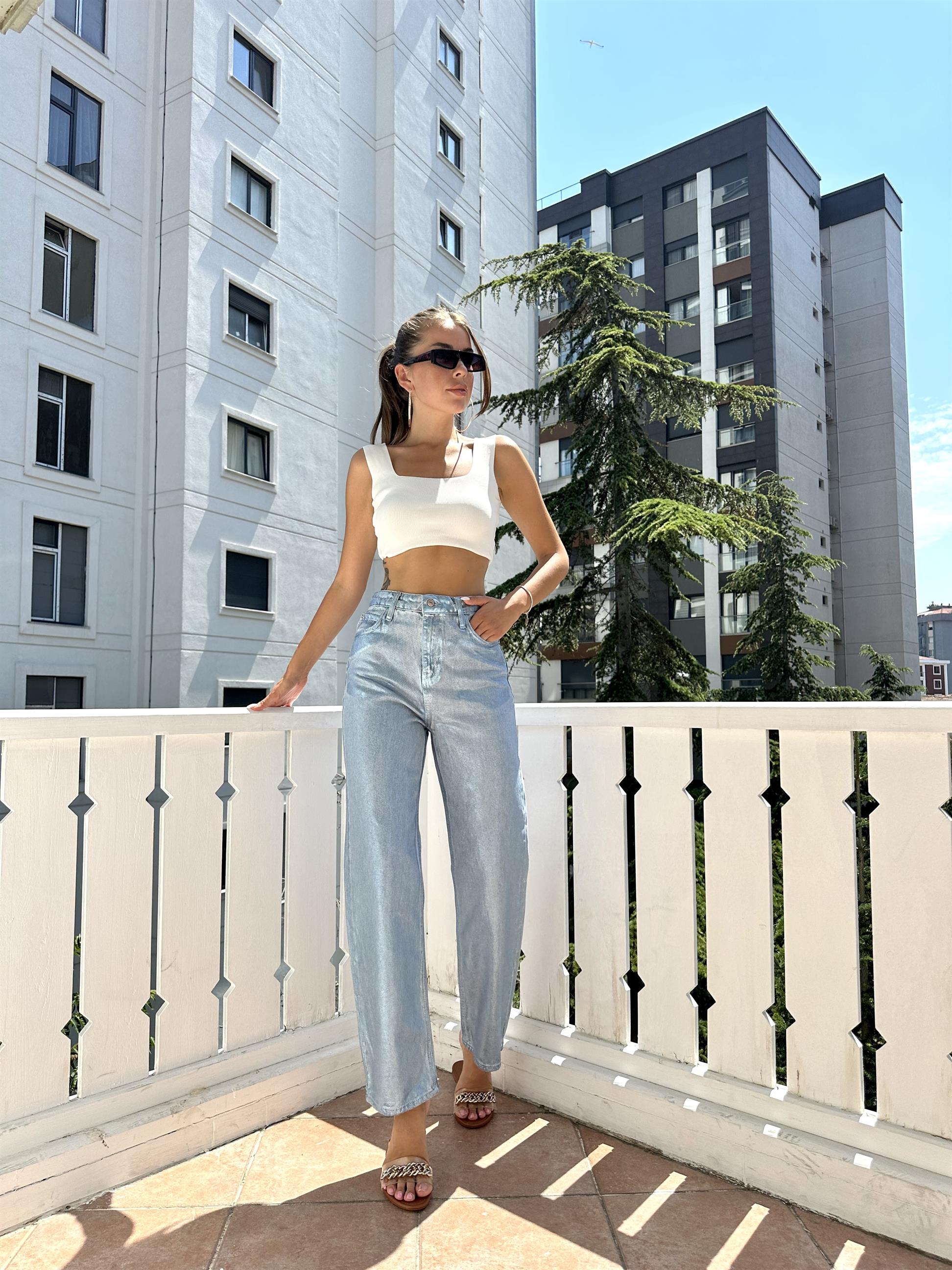 Gümüş Parlak Doku Jean