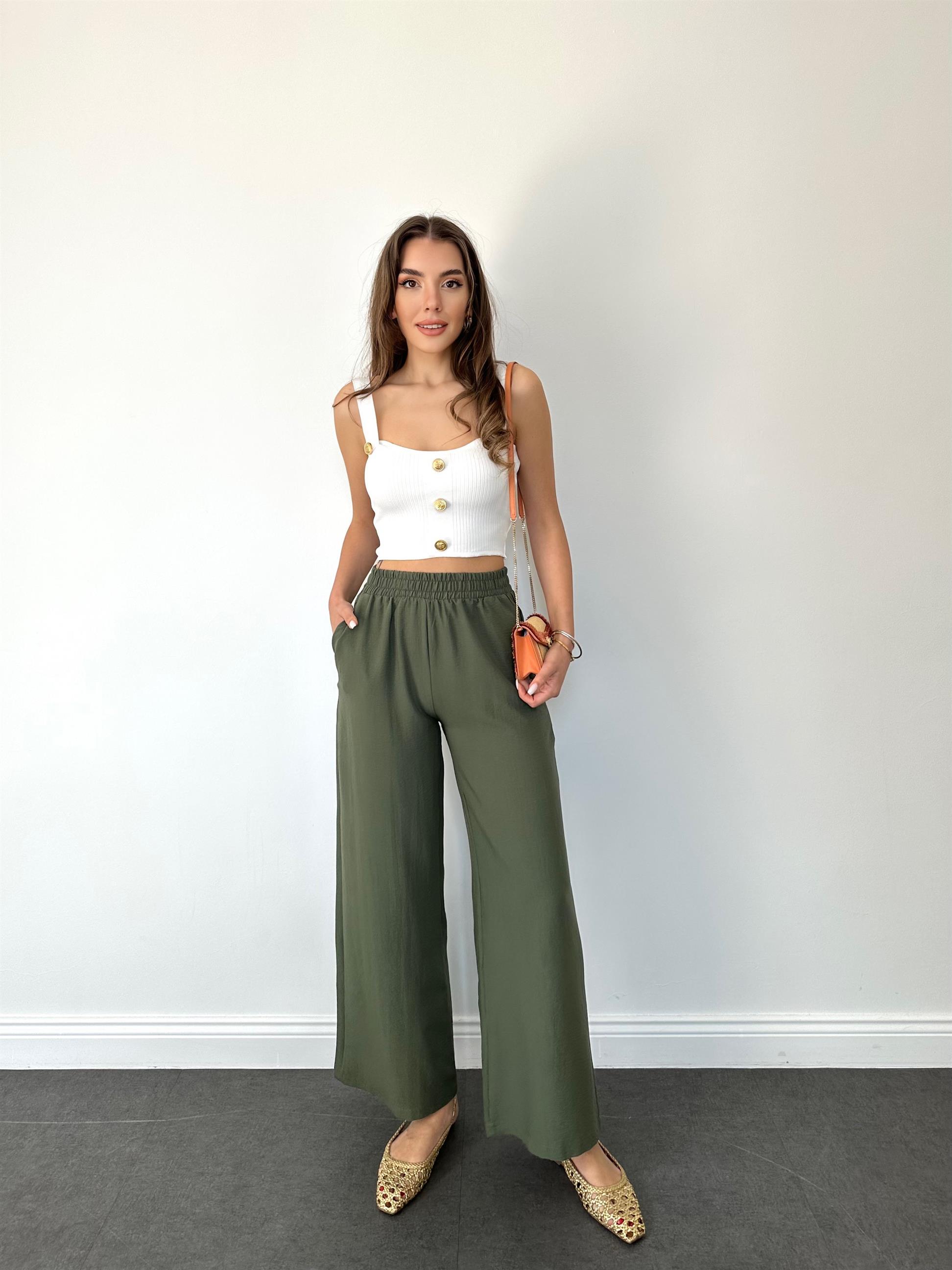 Haki Beli Lastikli Geniş Paça Pantolon