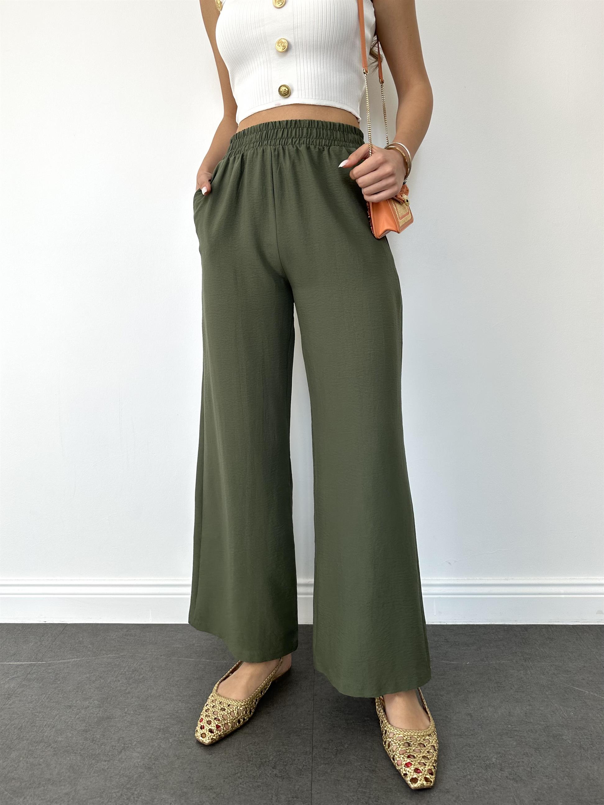 Haki Beli Lastikli Geniş Paça Pantolon