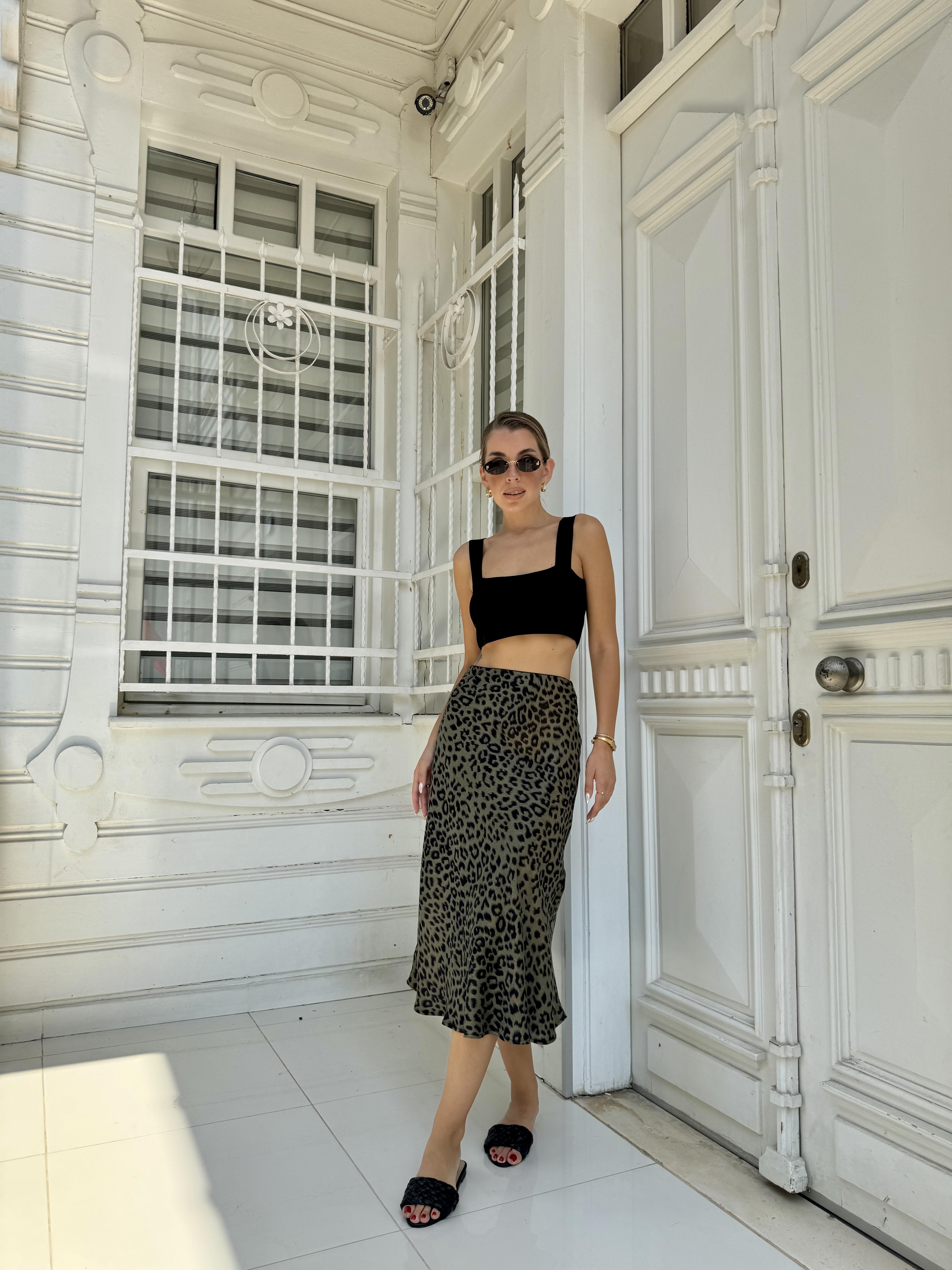 Haki Leopar Saten Midi Etek