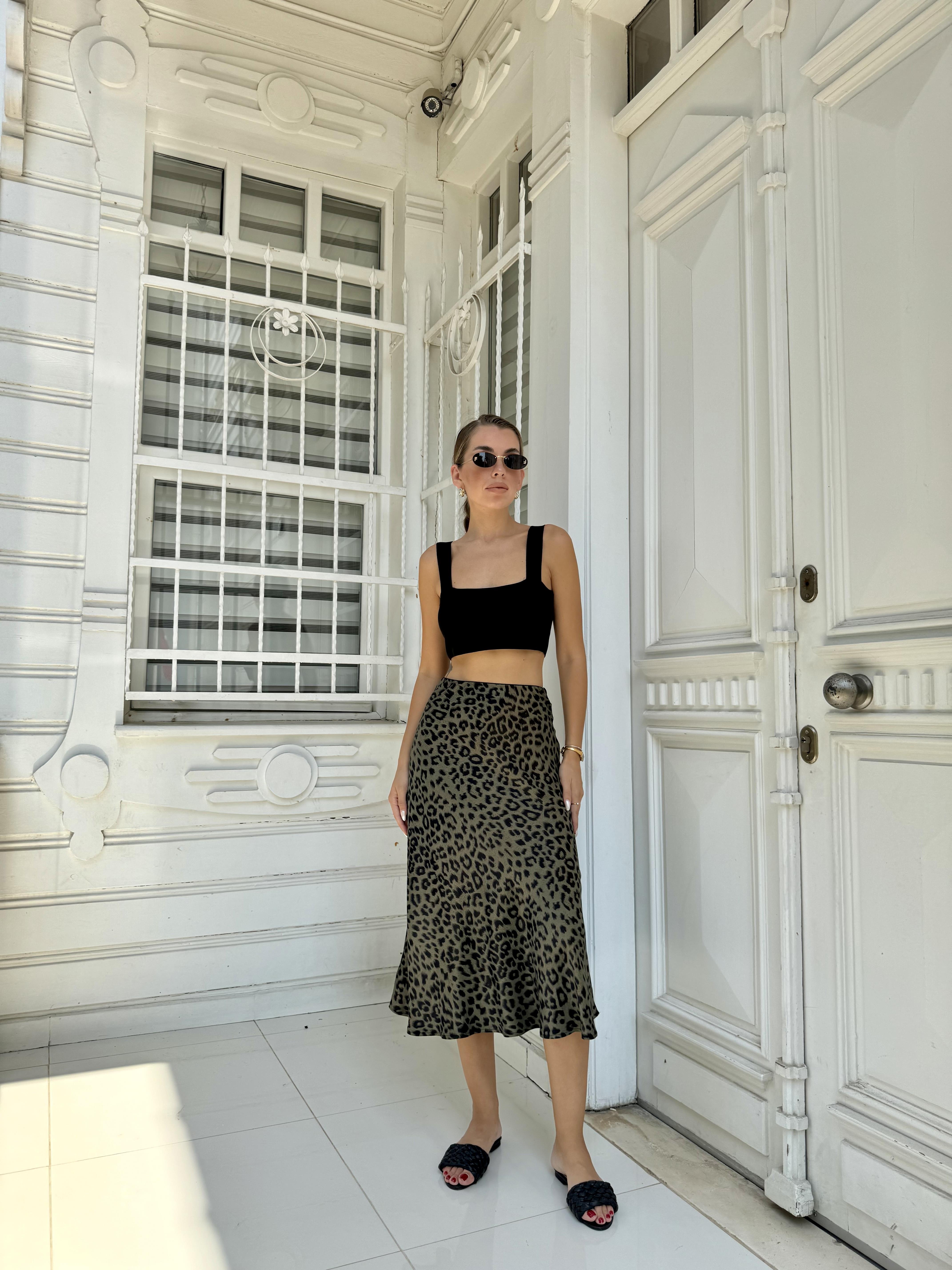 Haki Leopar Saten Midi Etek