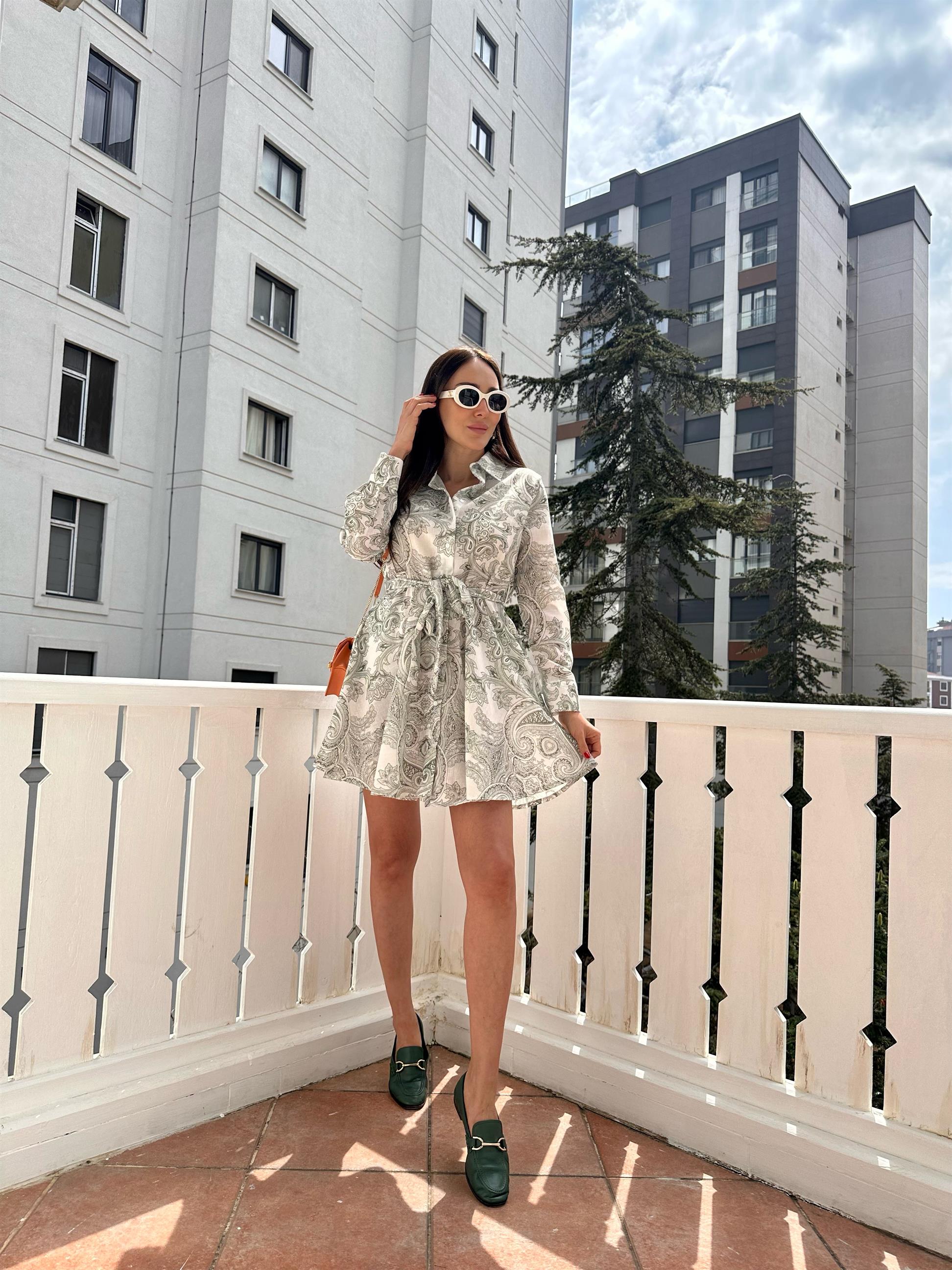 Haki Şal Desen Volanlı Gömlek Yaka Elbise