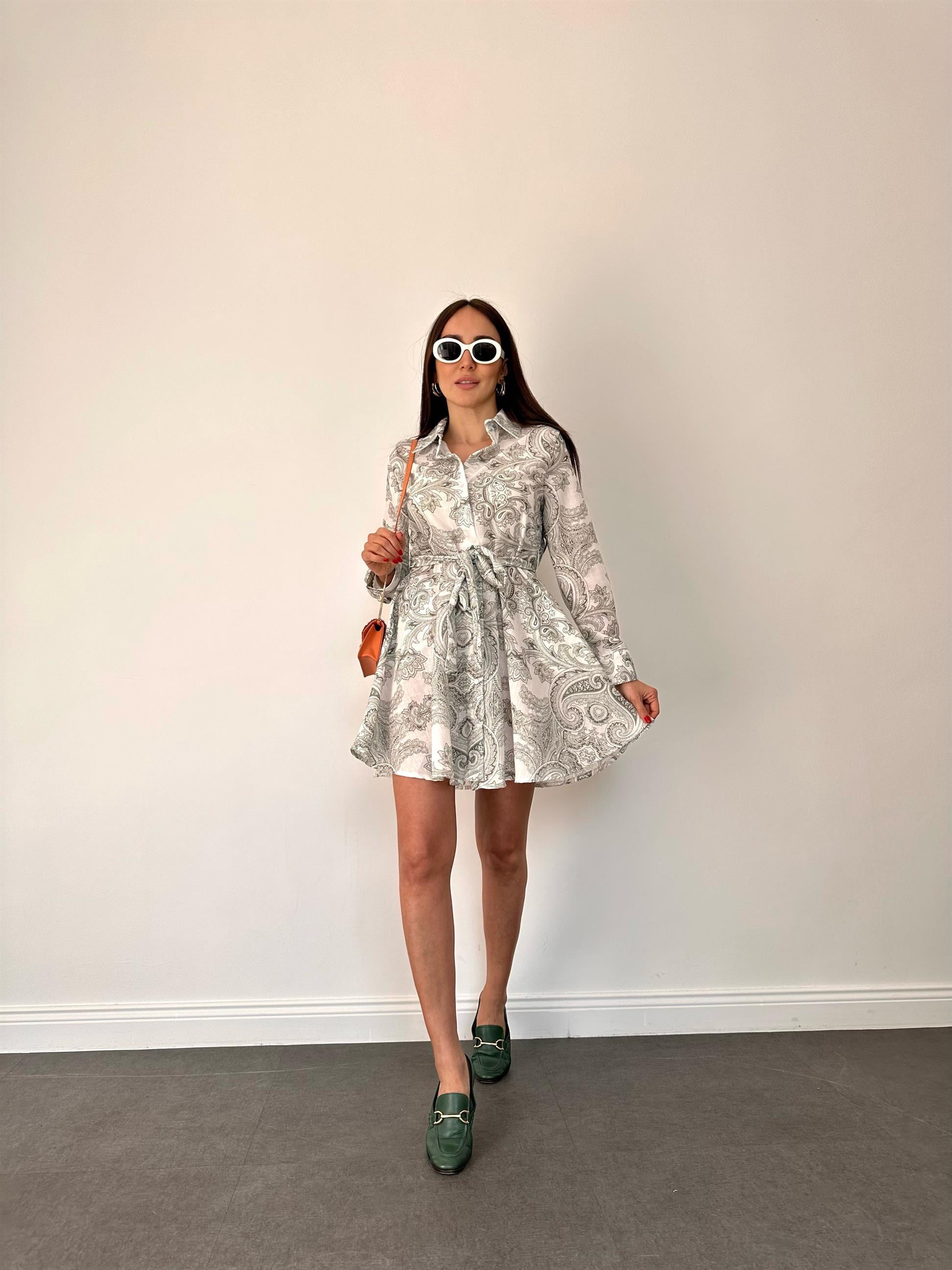 Haki Şal Desen Volanlı Gömlek Yaka Elbise