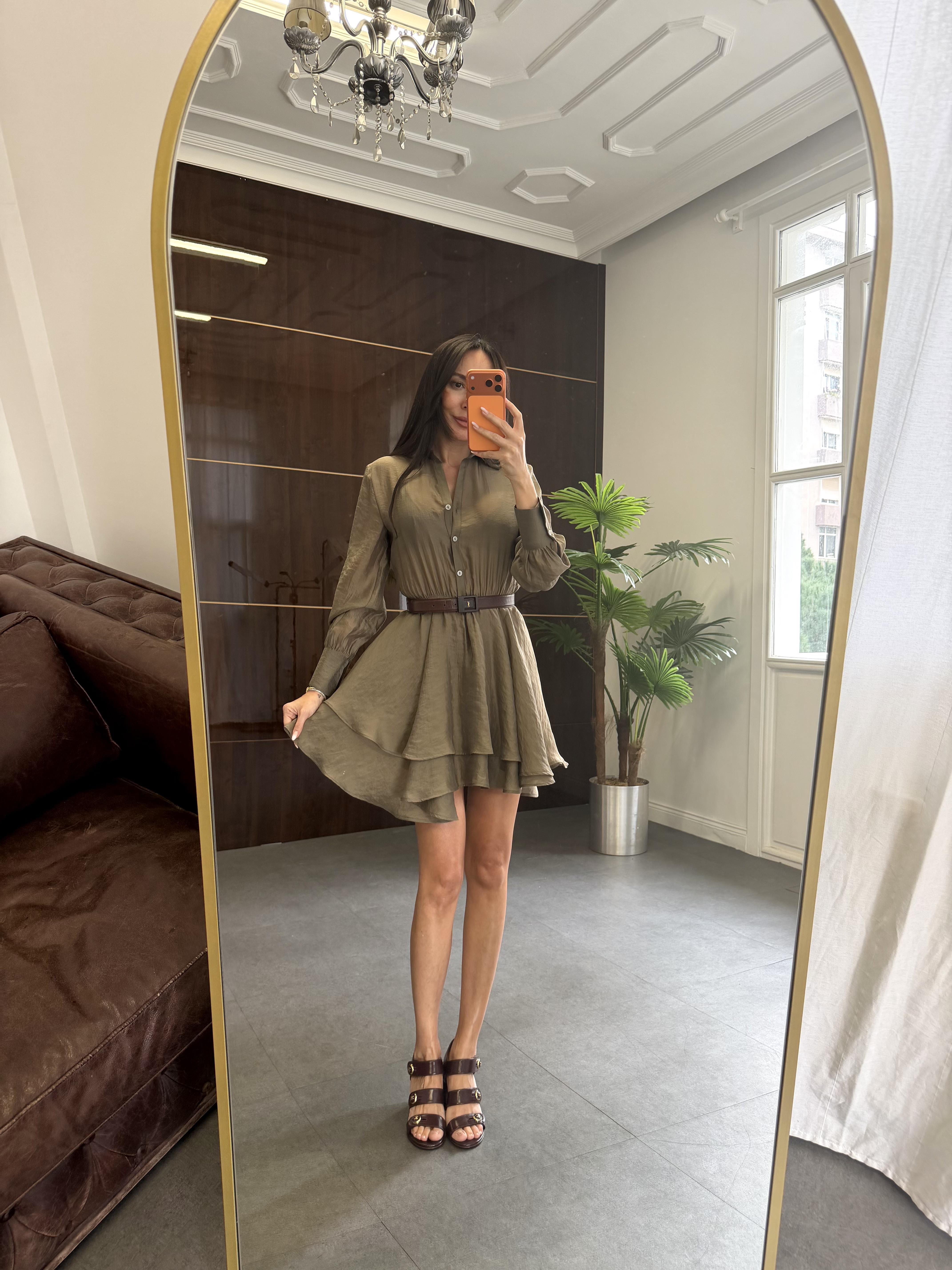 Haki Volanlı Kısa Elbise