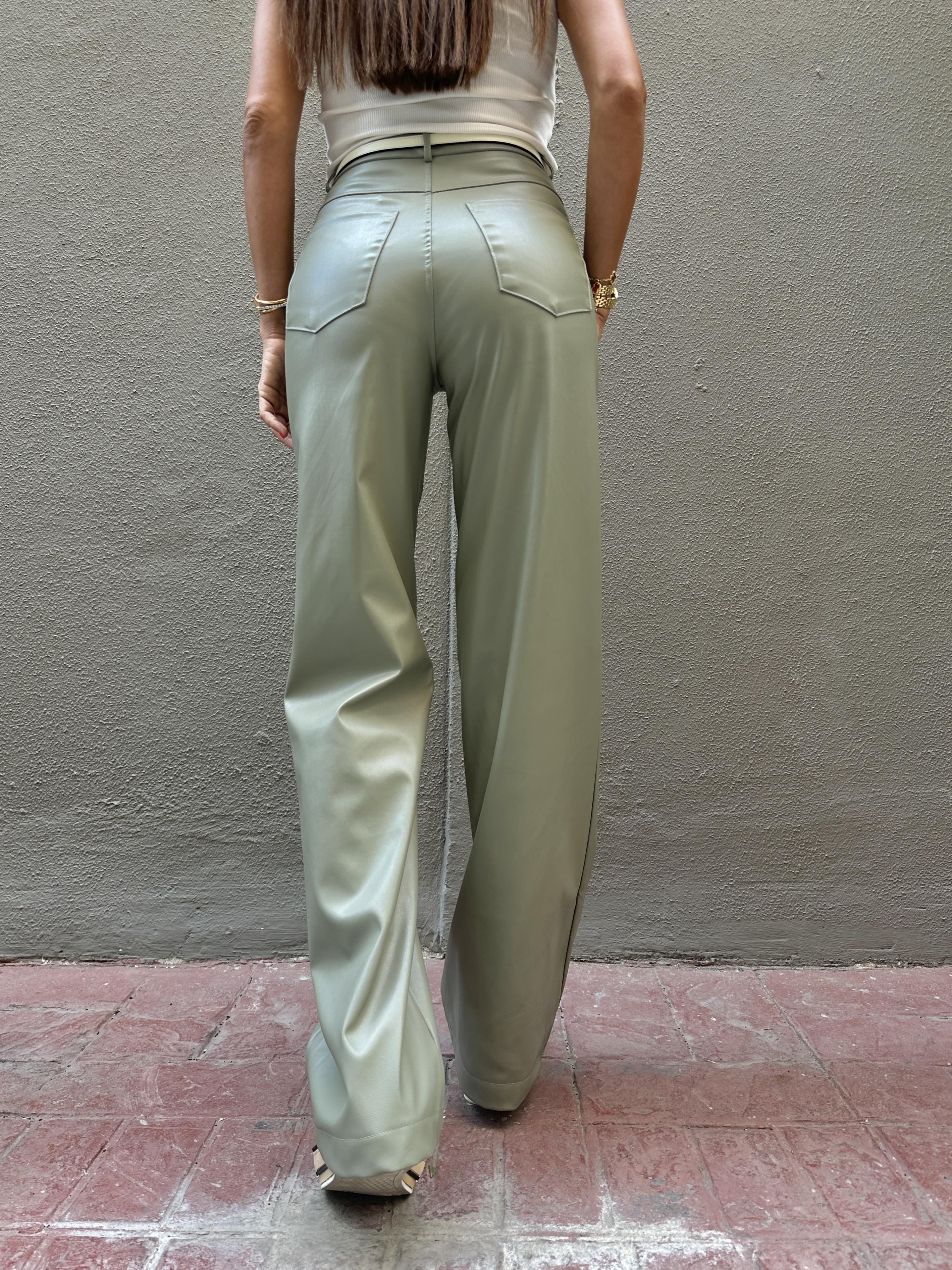 Haki Wide-Leg Deri Pantolon