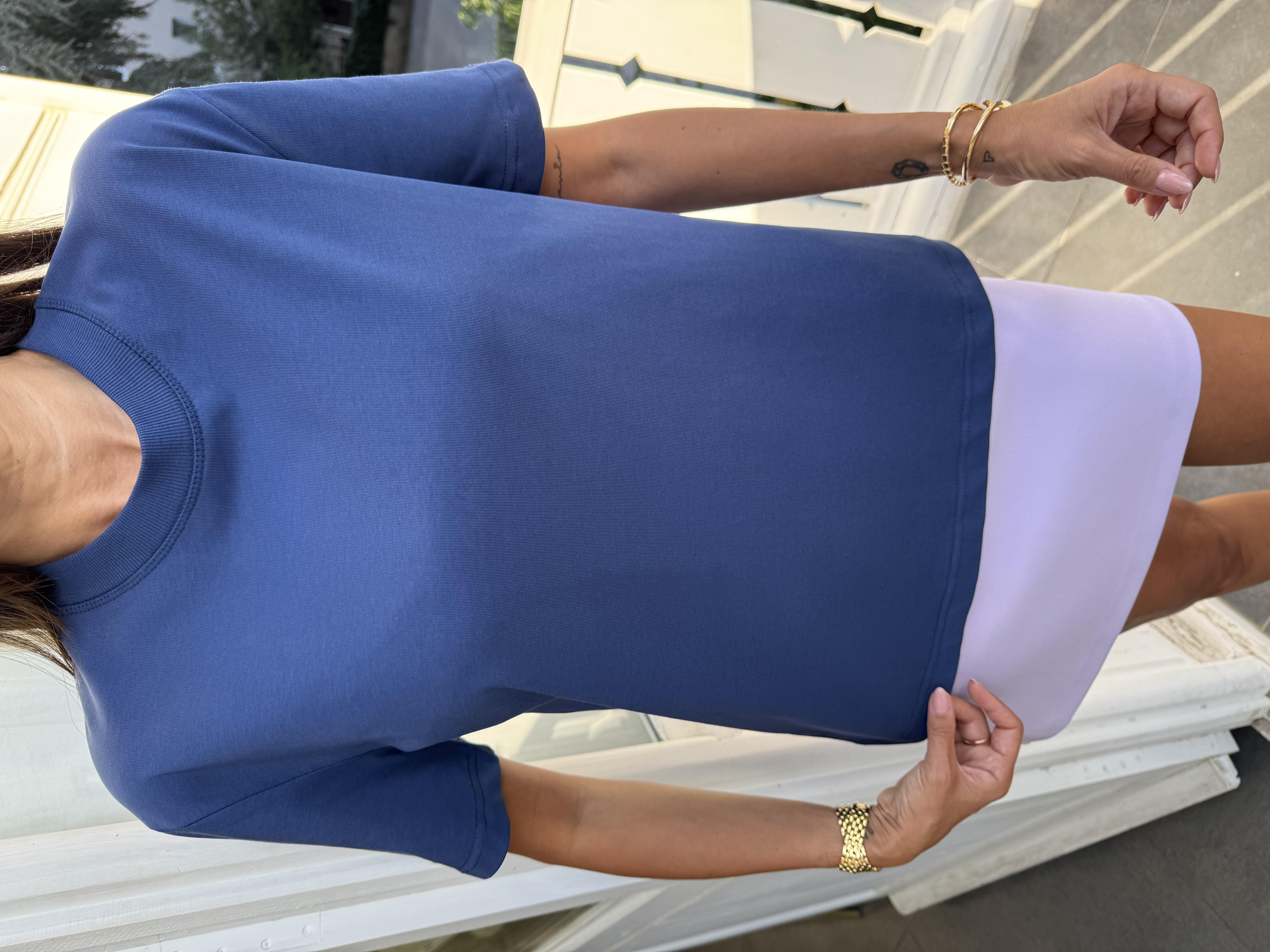 İndigo Mavi Dekoratif Dikişli Bisiklet Yaka Tişört