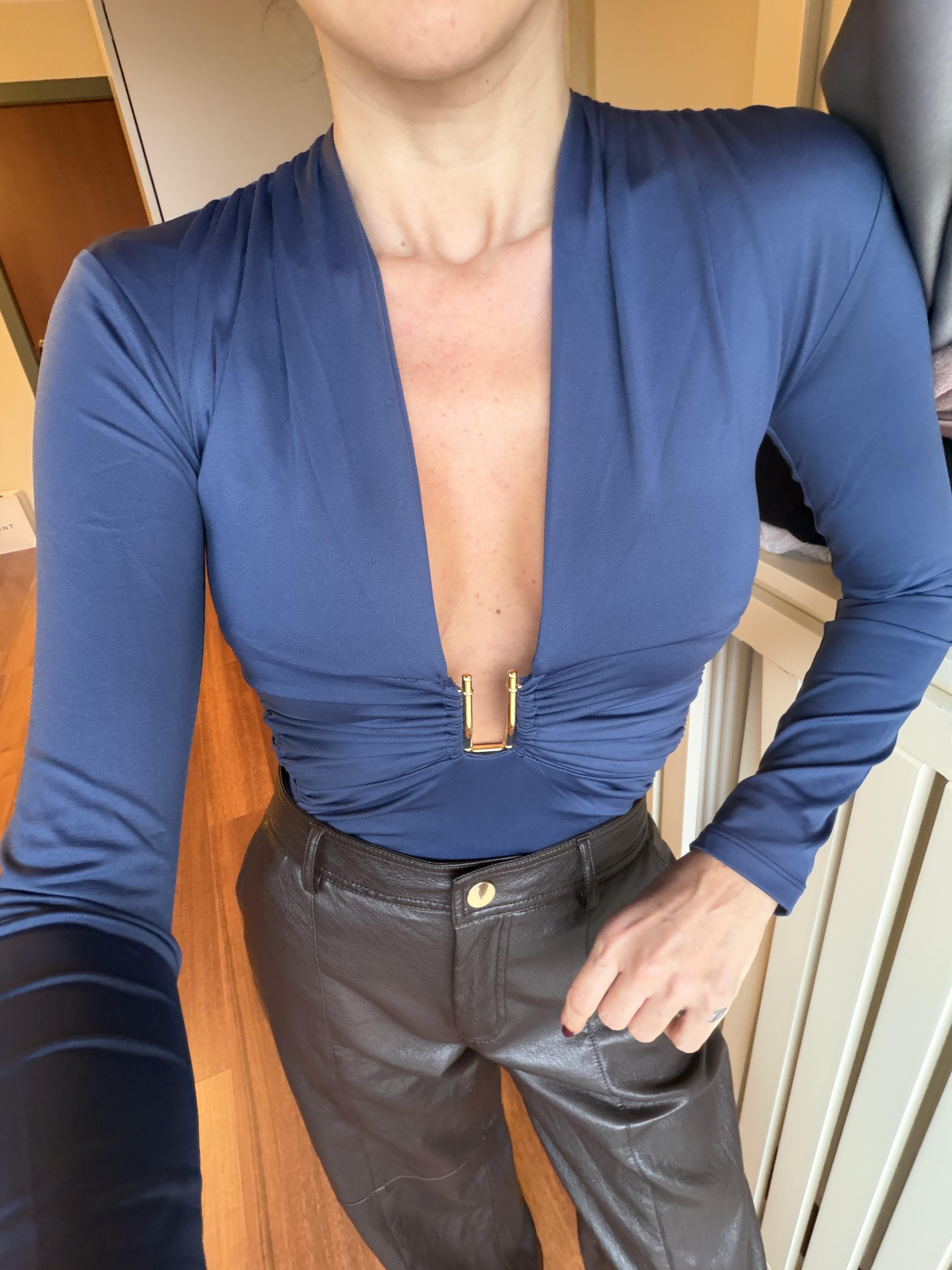 İndigo Mavi Derin V Yaka Bodysuit