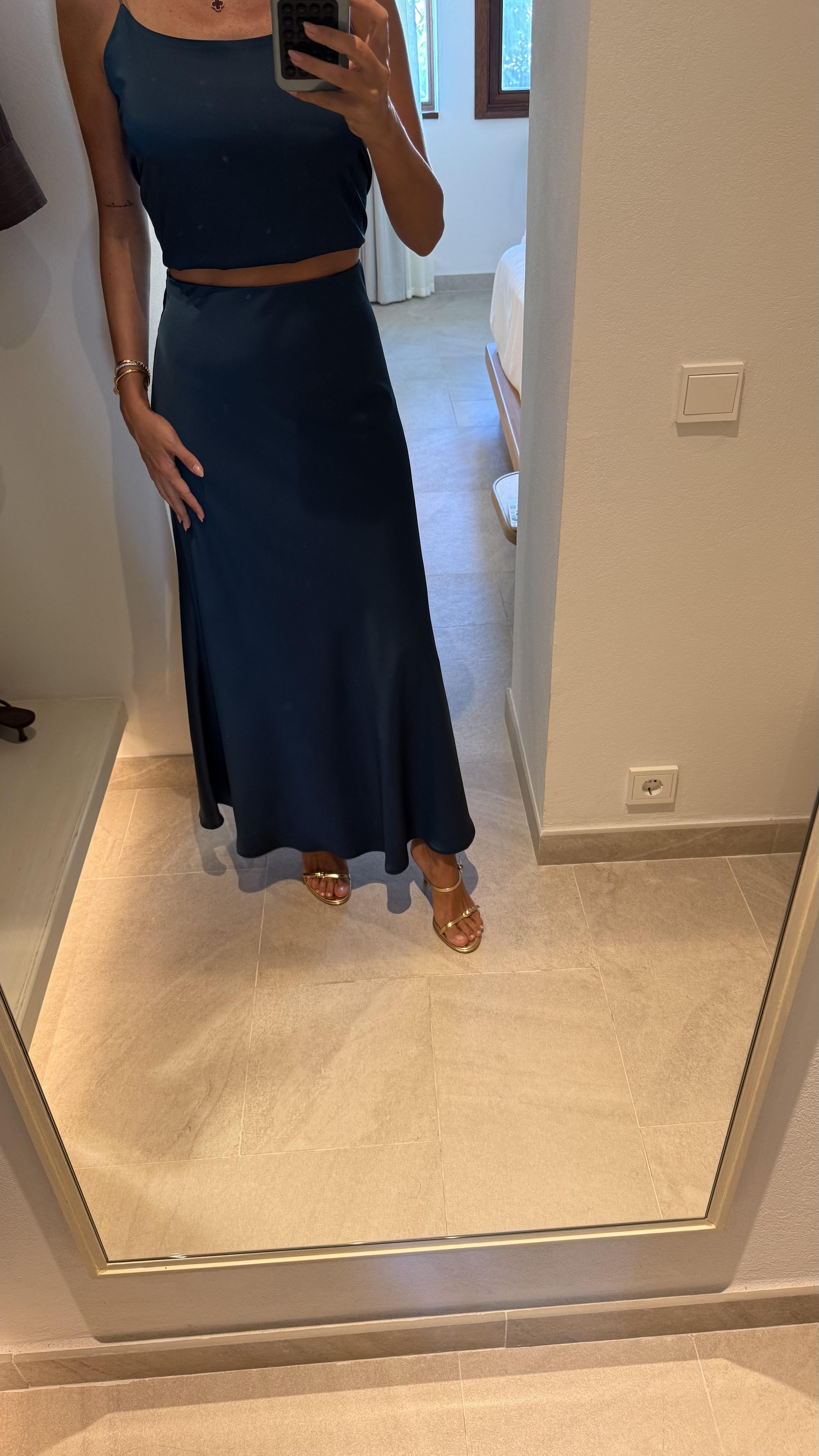 İndigo Mavi Saten Etek Bluz İkili Takım