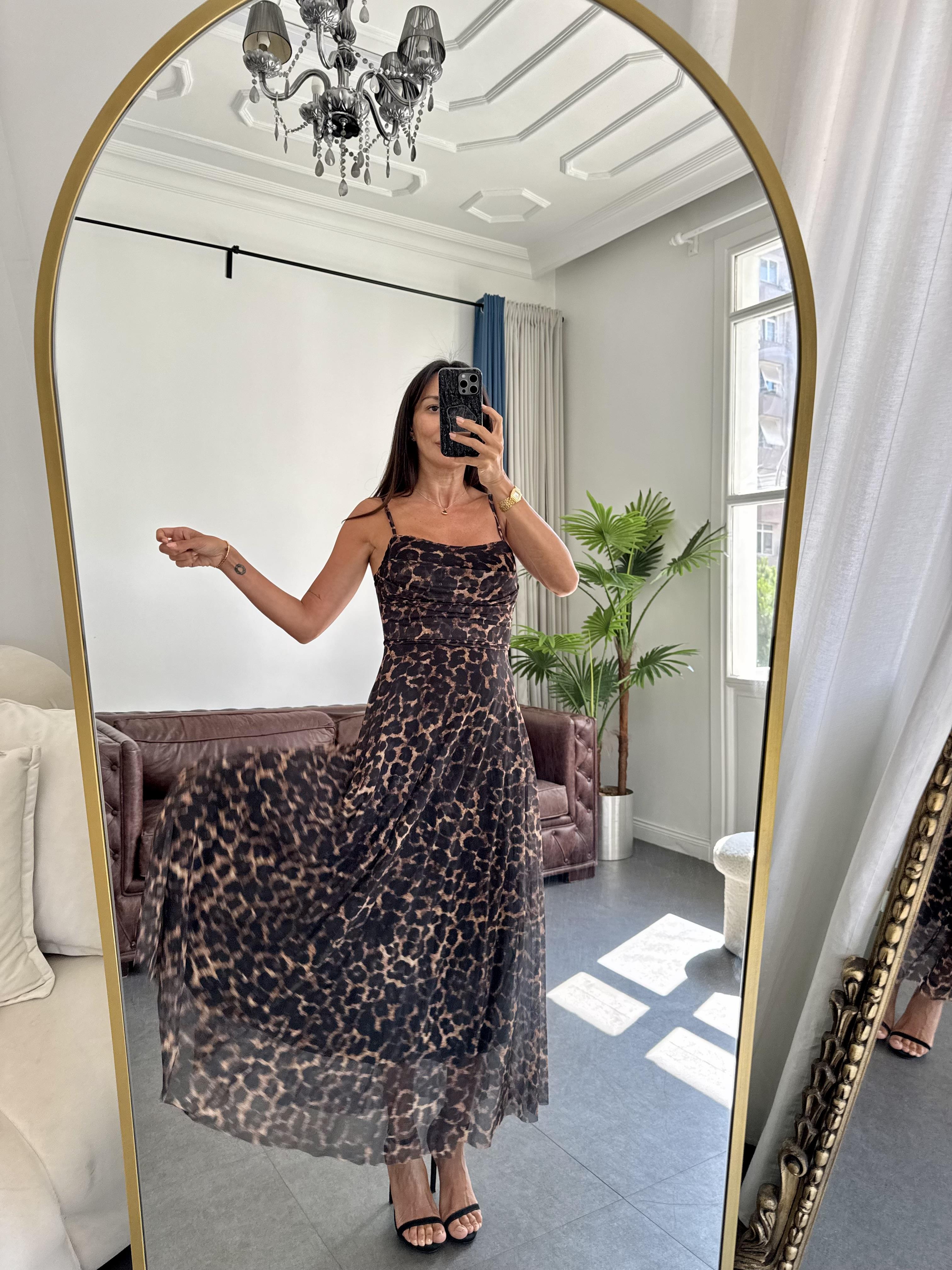 Kahve Askılı Leopar Elbise