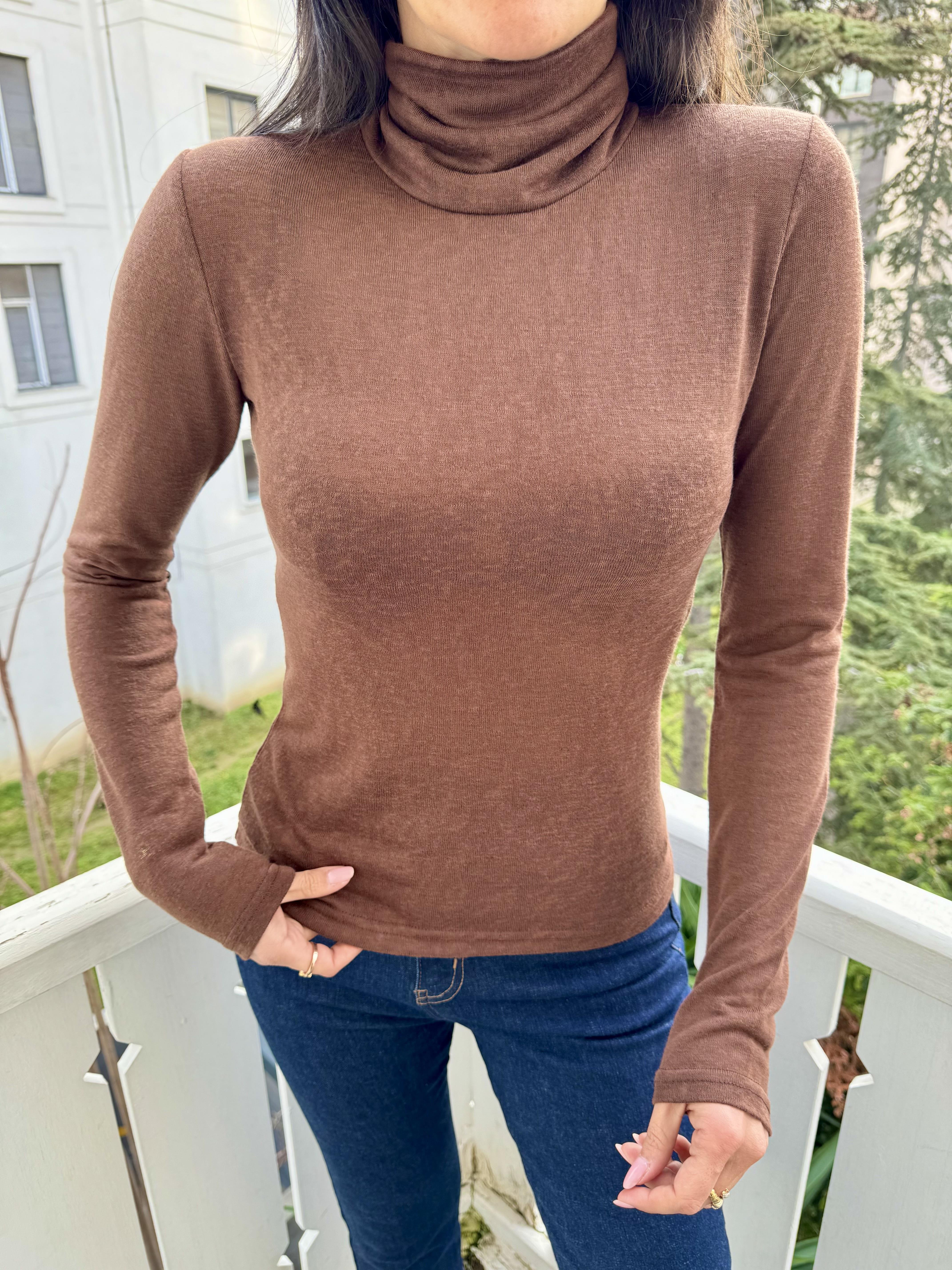 Kahve Balıkçı Yaka Yarı Transparan Bluz