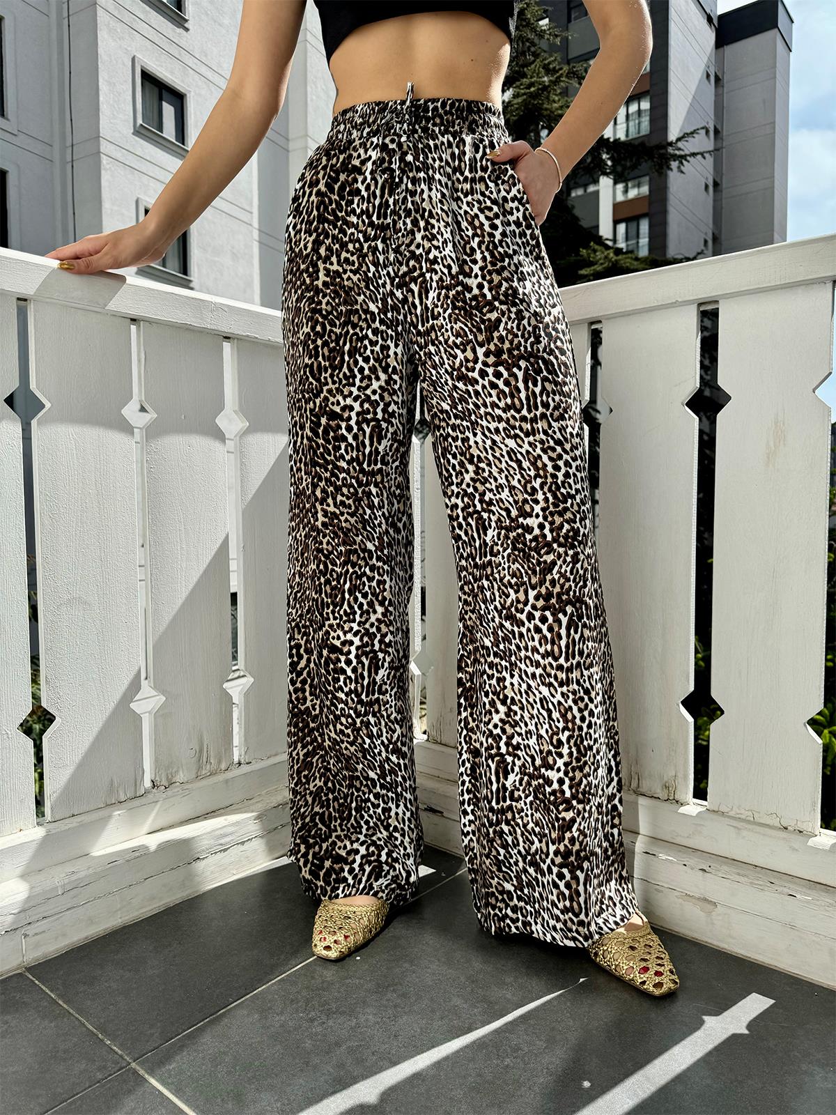 Kahve Beli Lastikli Leopar Pantolon