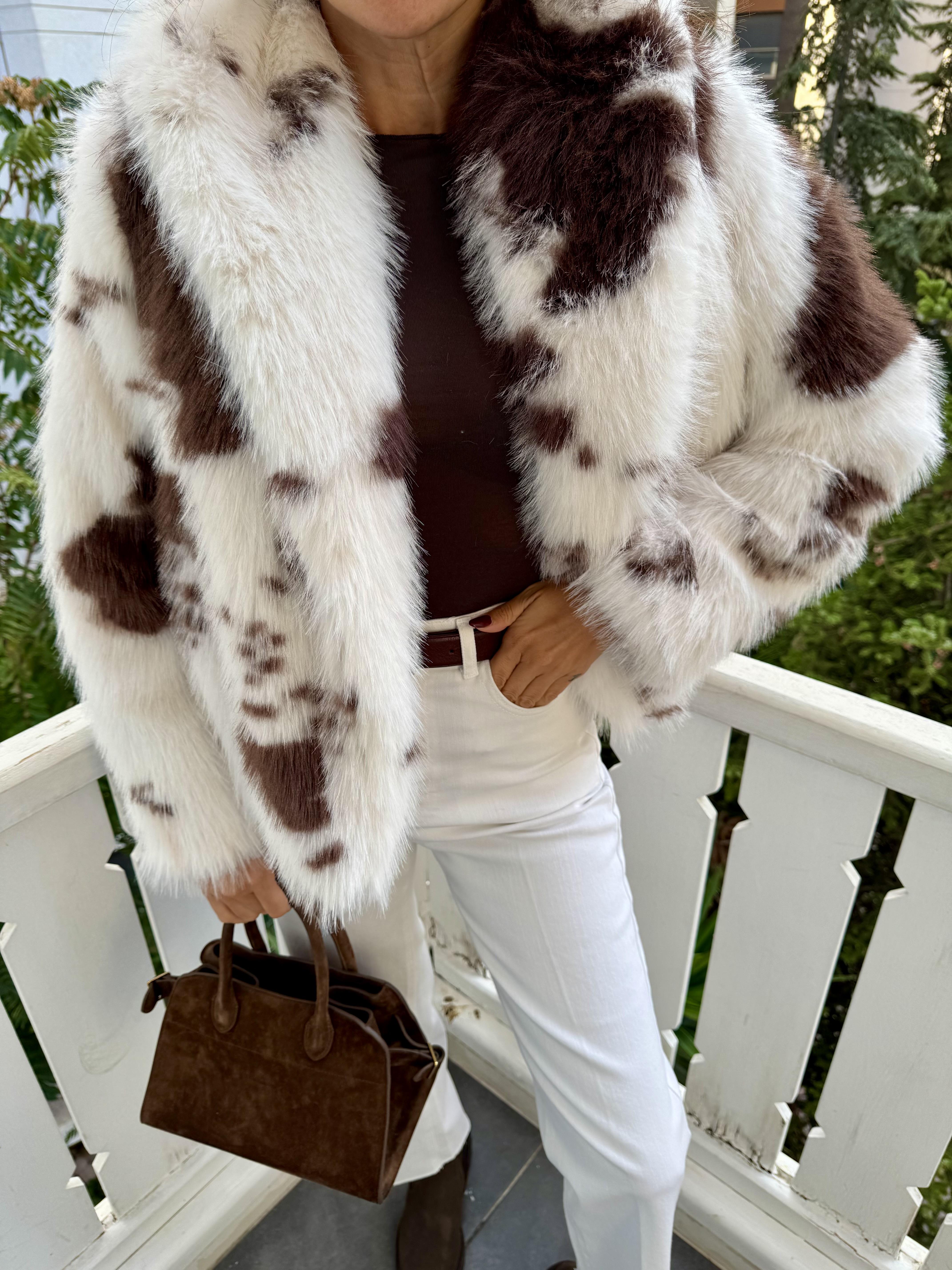 Kahve-Beyaz Desenli Kürk Ceket