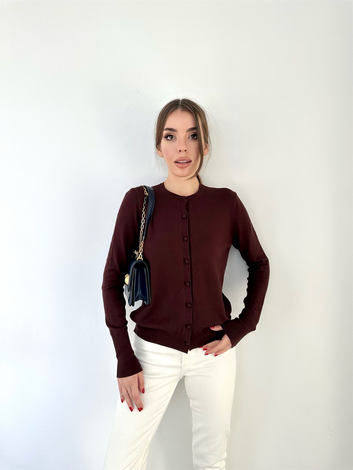 Kahve Bisiklet Yaka Düğmeli Basic Hırka