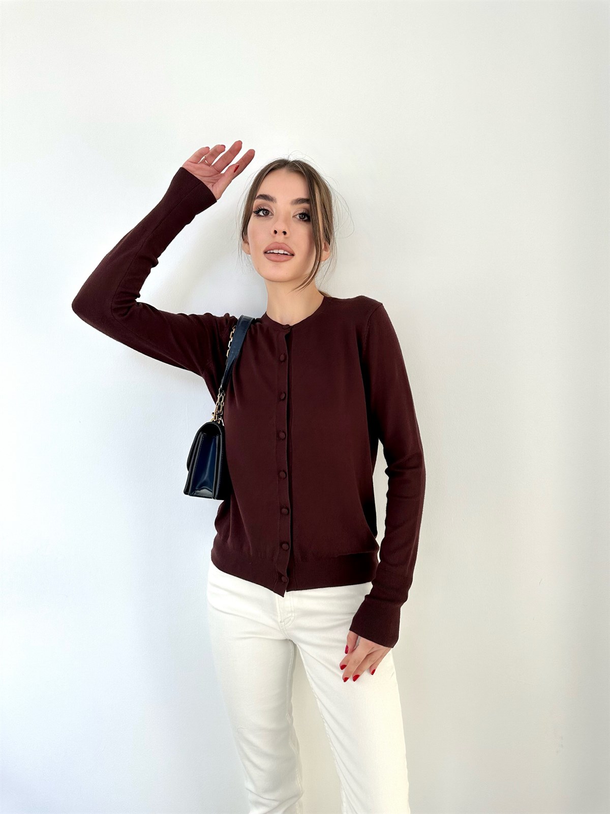 Kahve Bisiklet Yaka Düğmeli Basic Hırka