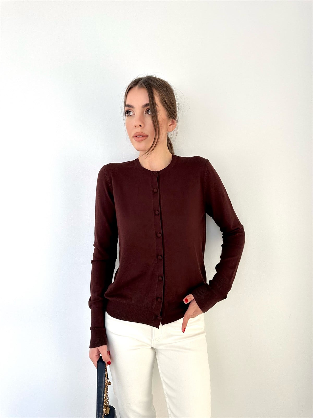 Kahve Bisiklet Yaka Düğmeli Basic Hırka