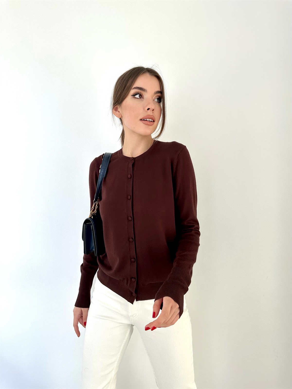 Kahve Bisiklet Yaka Düğmeli Basic Hırka