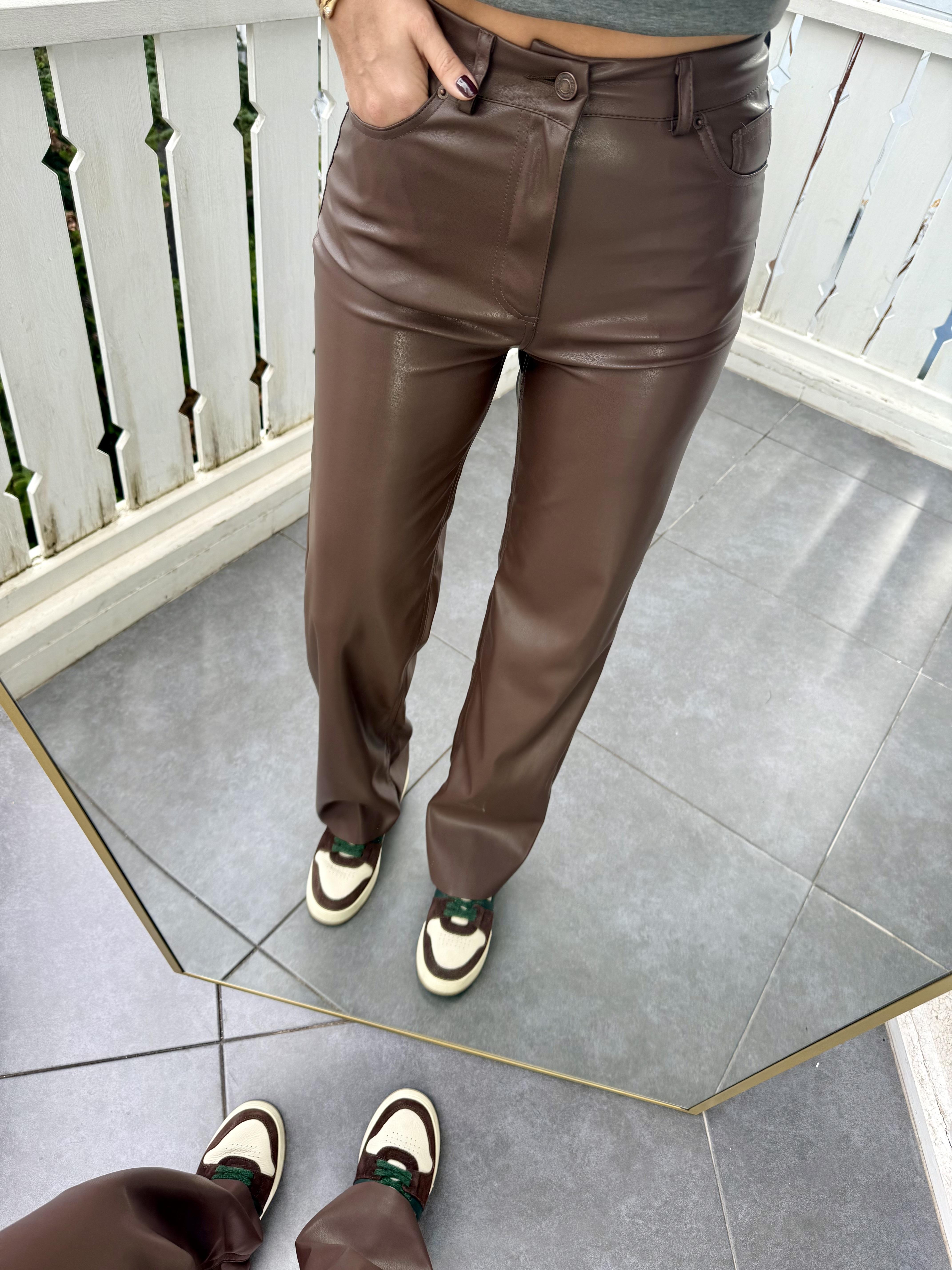 Kahve Bol Paça Deri Pantolon