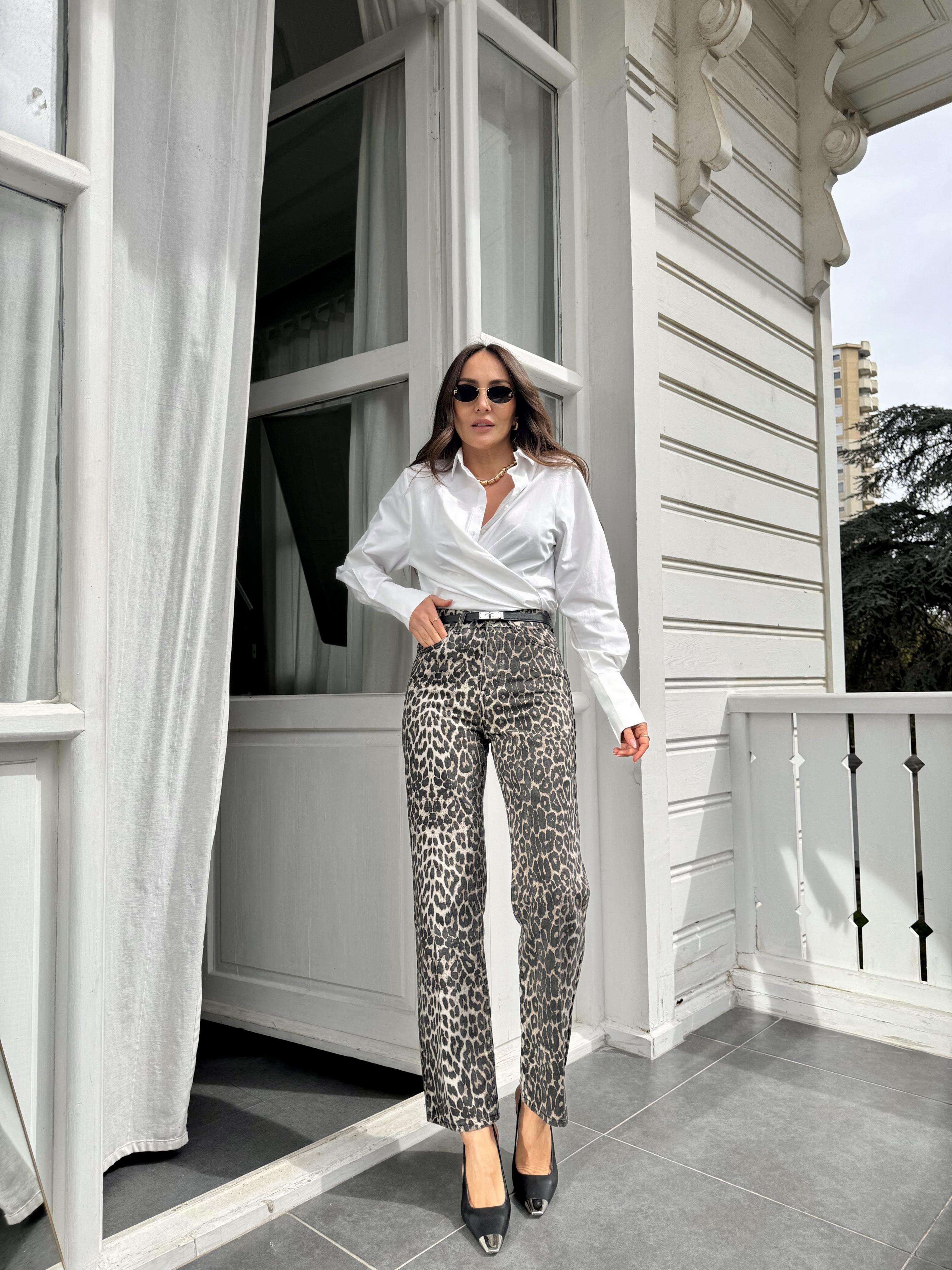 Kahve Boru Paça Leopar Jean