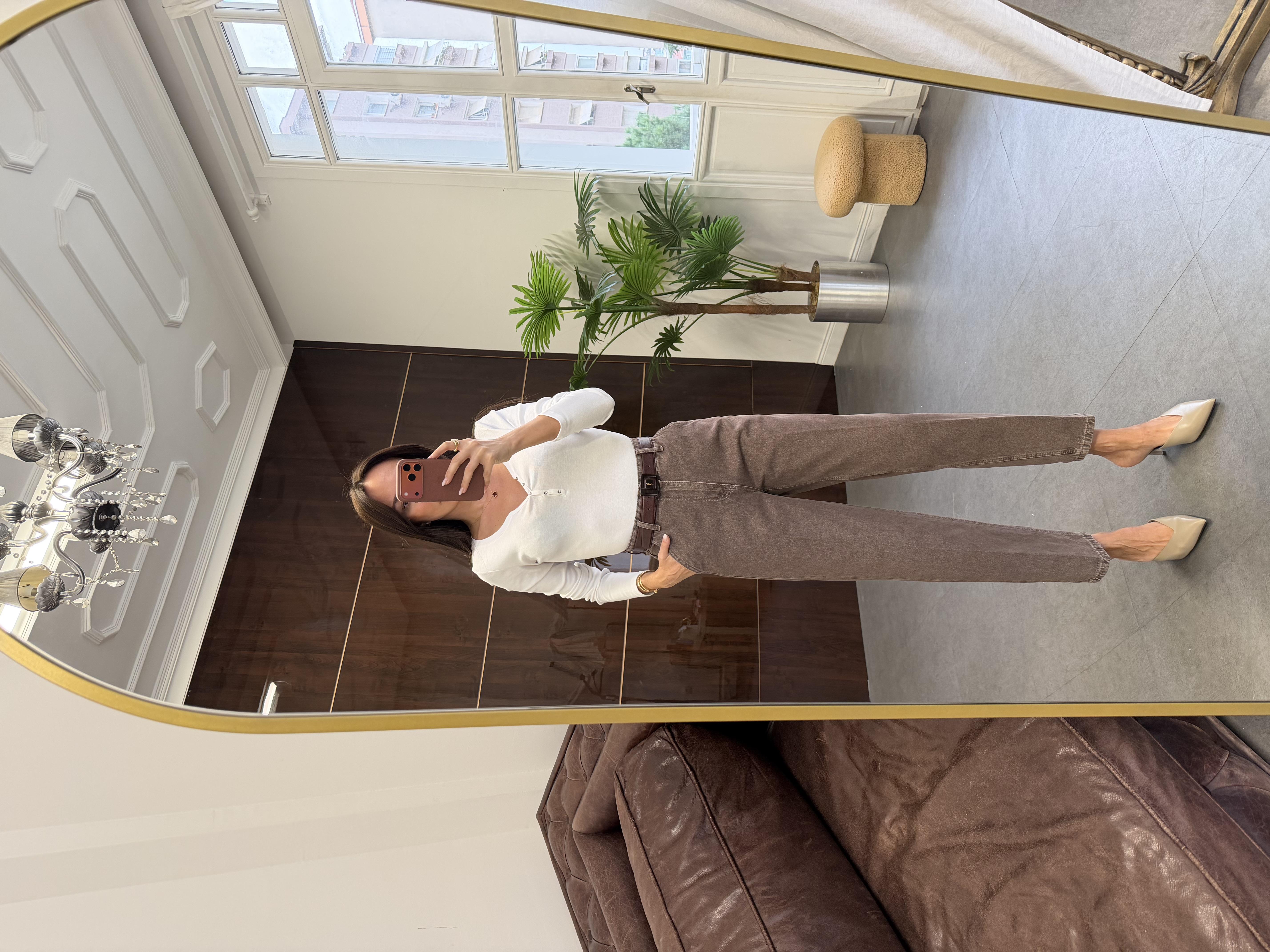 Kahve Çizgi Ütü İzli Skater Jean Pantolon