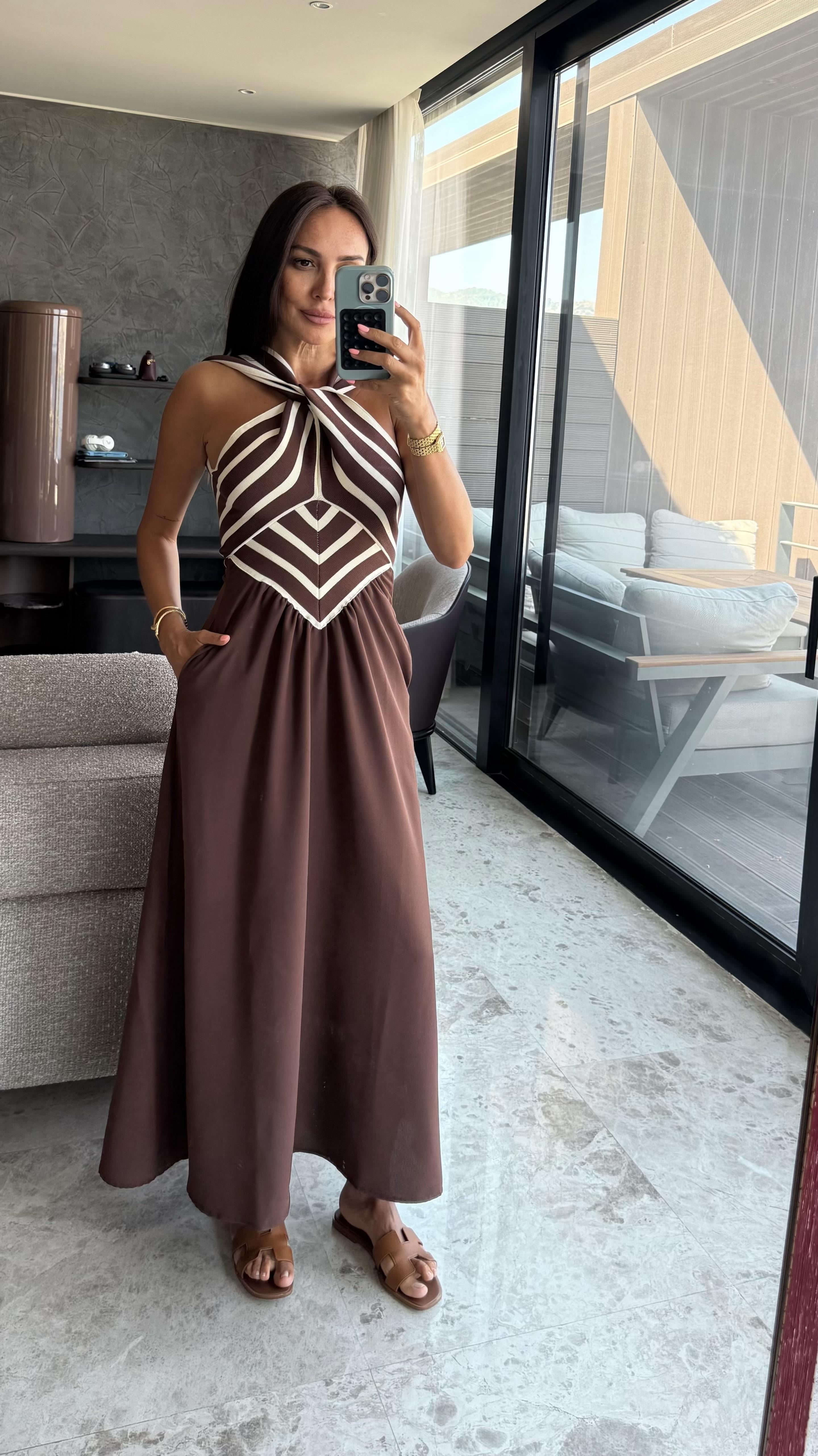 Kahve Çizgili Çapraz Kadın Elbise