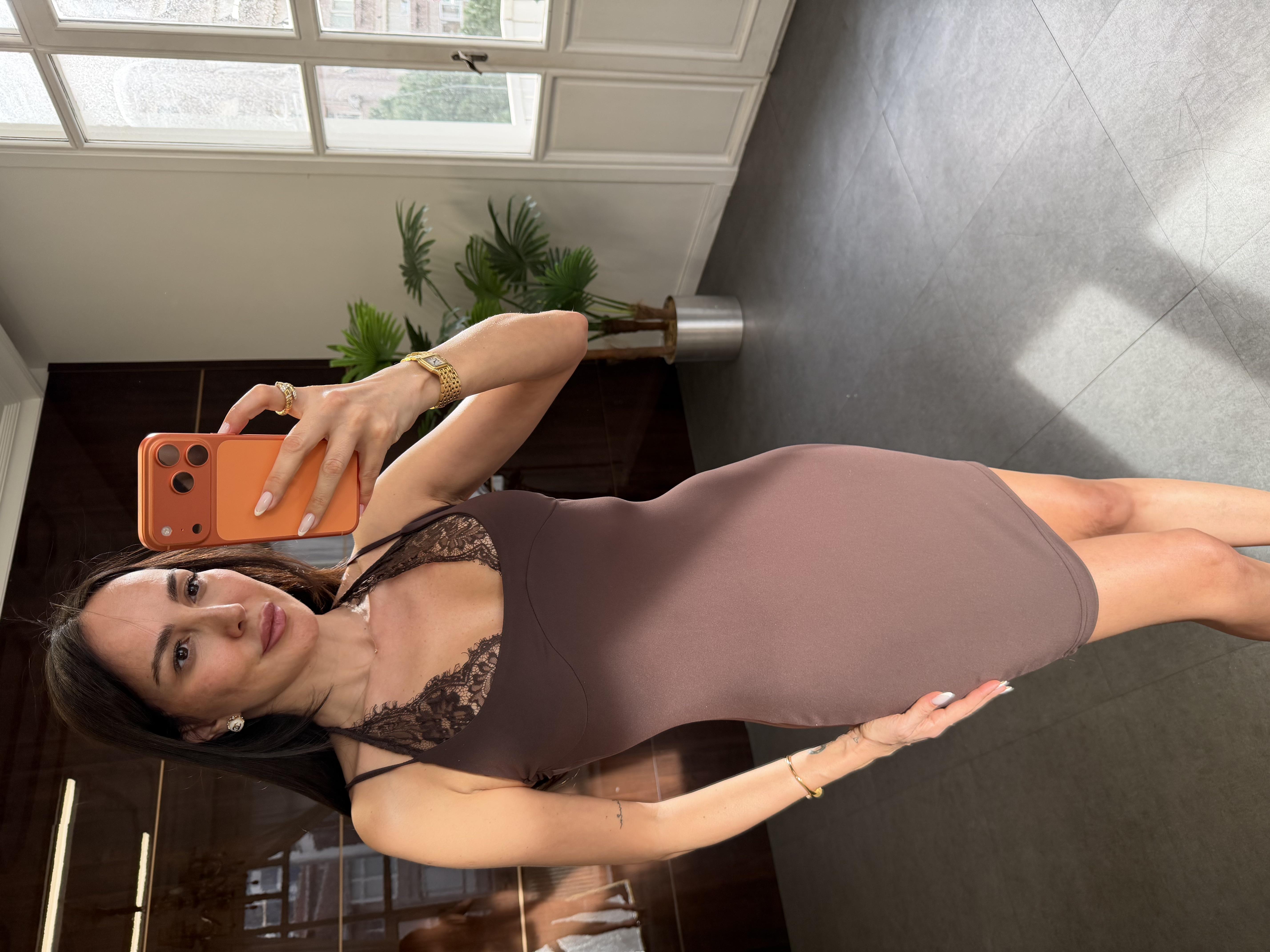 Kahve Dantelli Mini Elbise