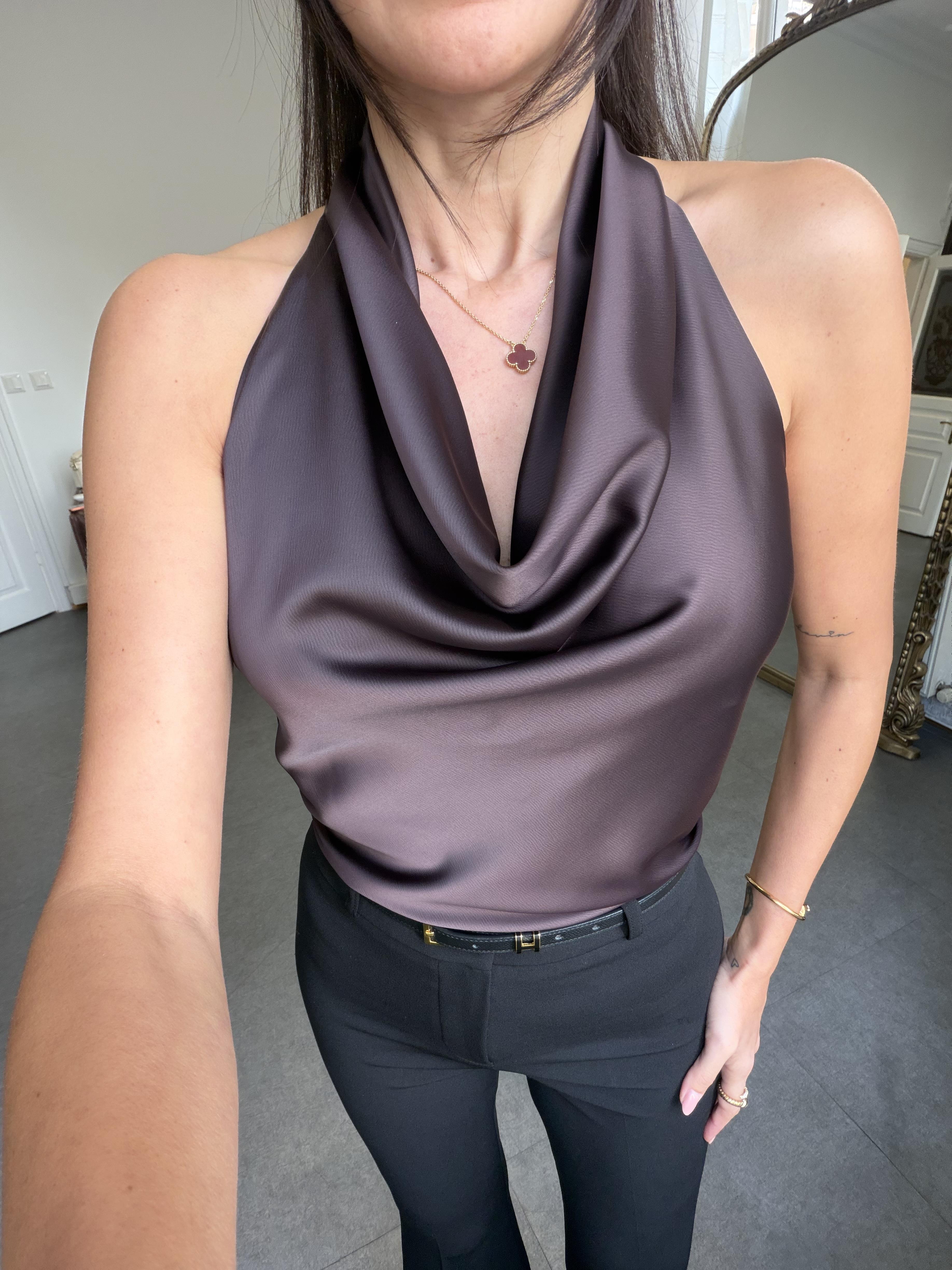 Kahve Degaje Yaka Saten Bluz