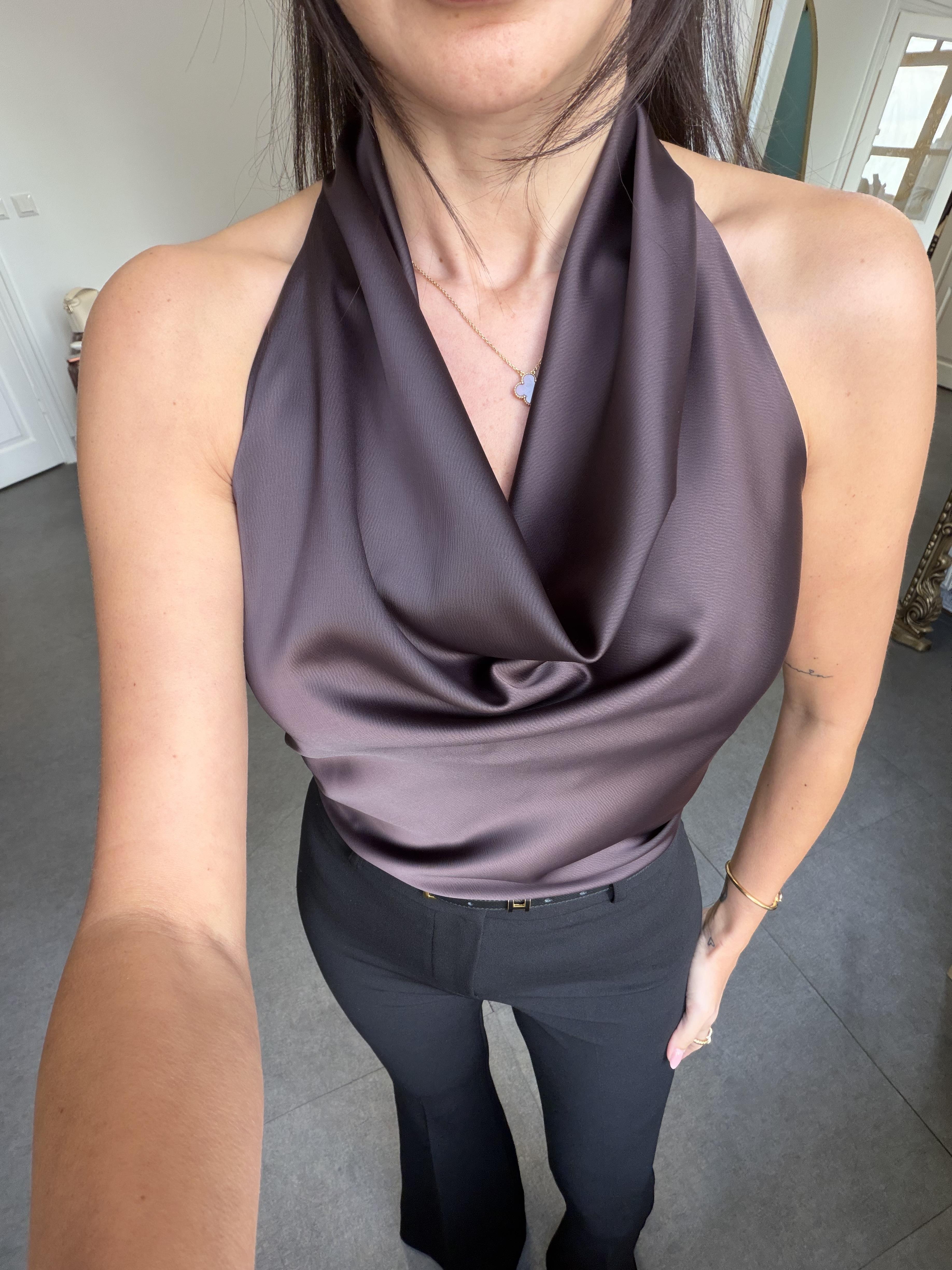 Kahve Degaje Yaka Saten Bluz