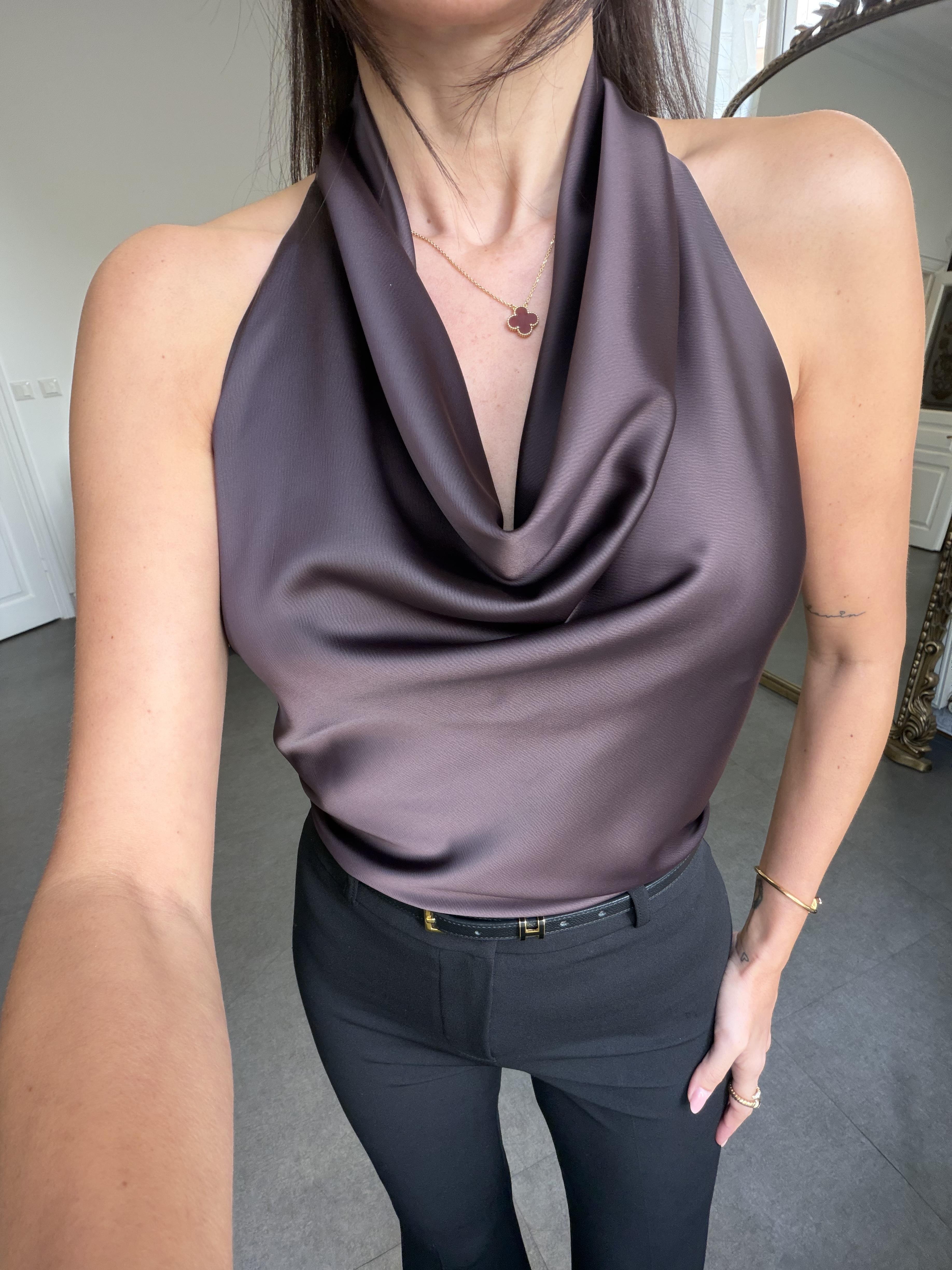 Kahve Degaje Yaka Saten Bluz