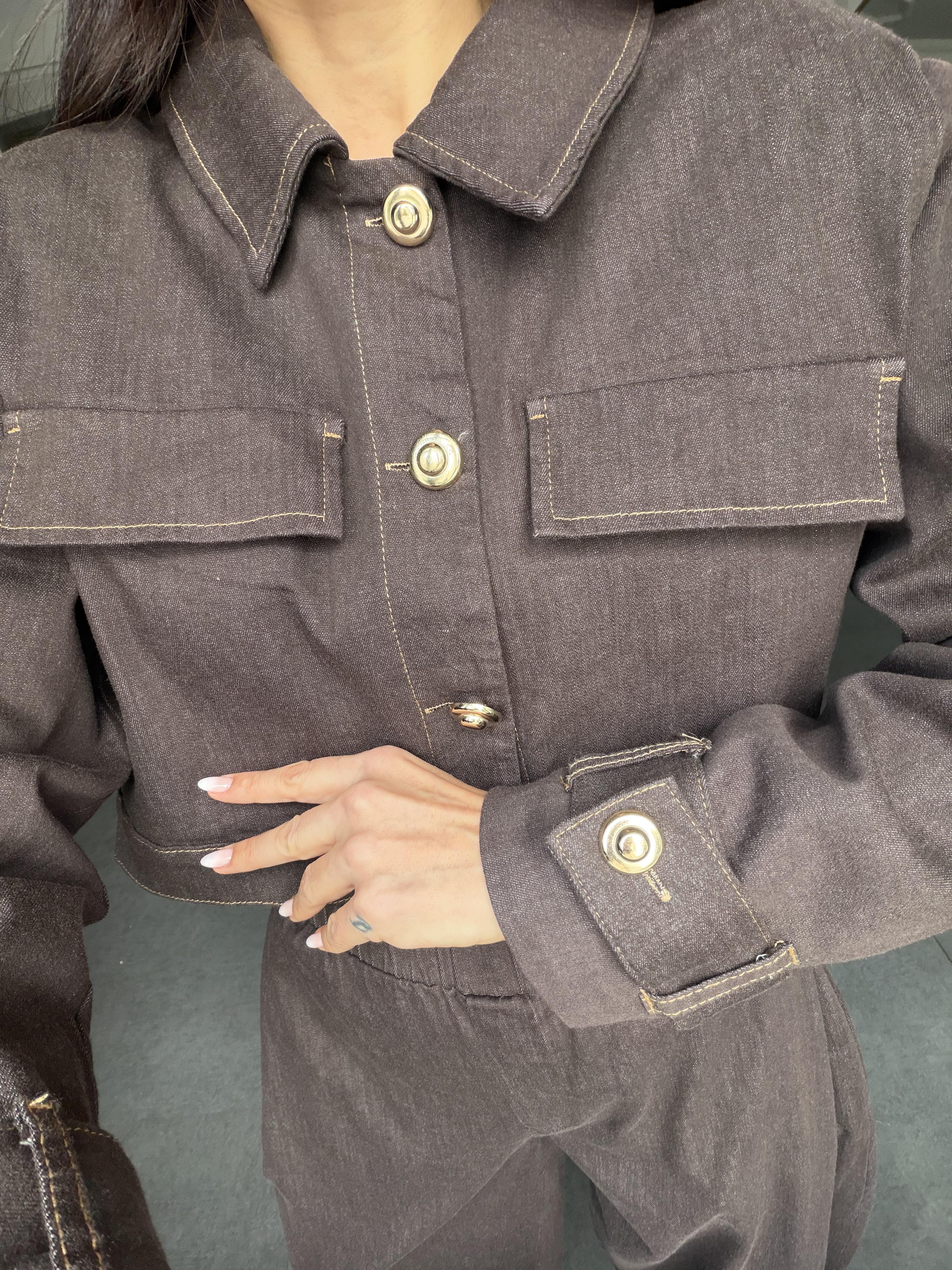 Kahve Denim Düğmeli Ceket