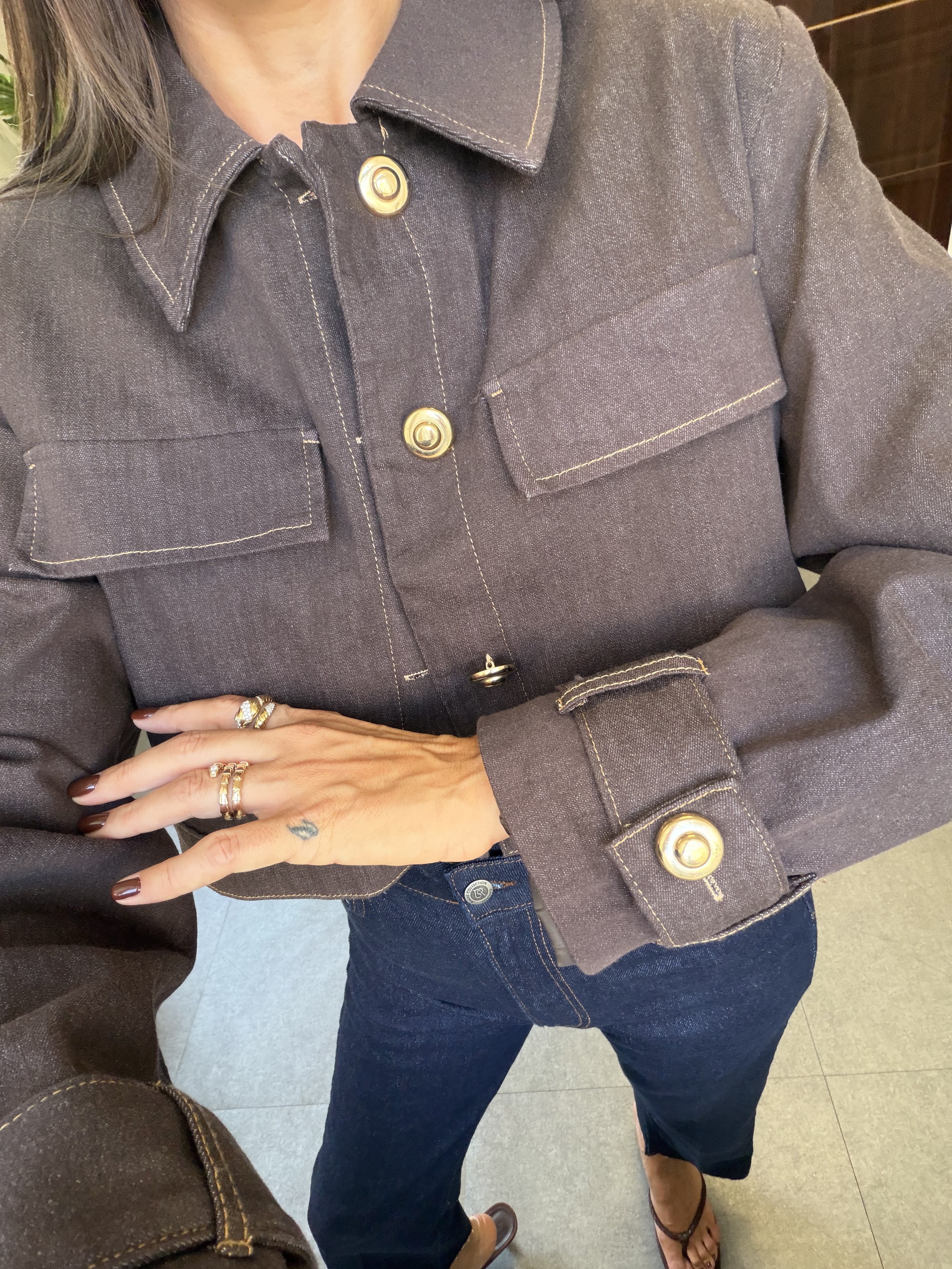 Kahve Denim Düğmeli Ceket