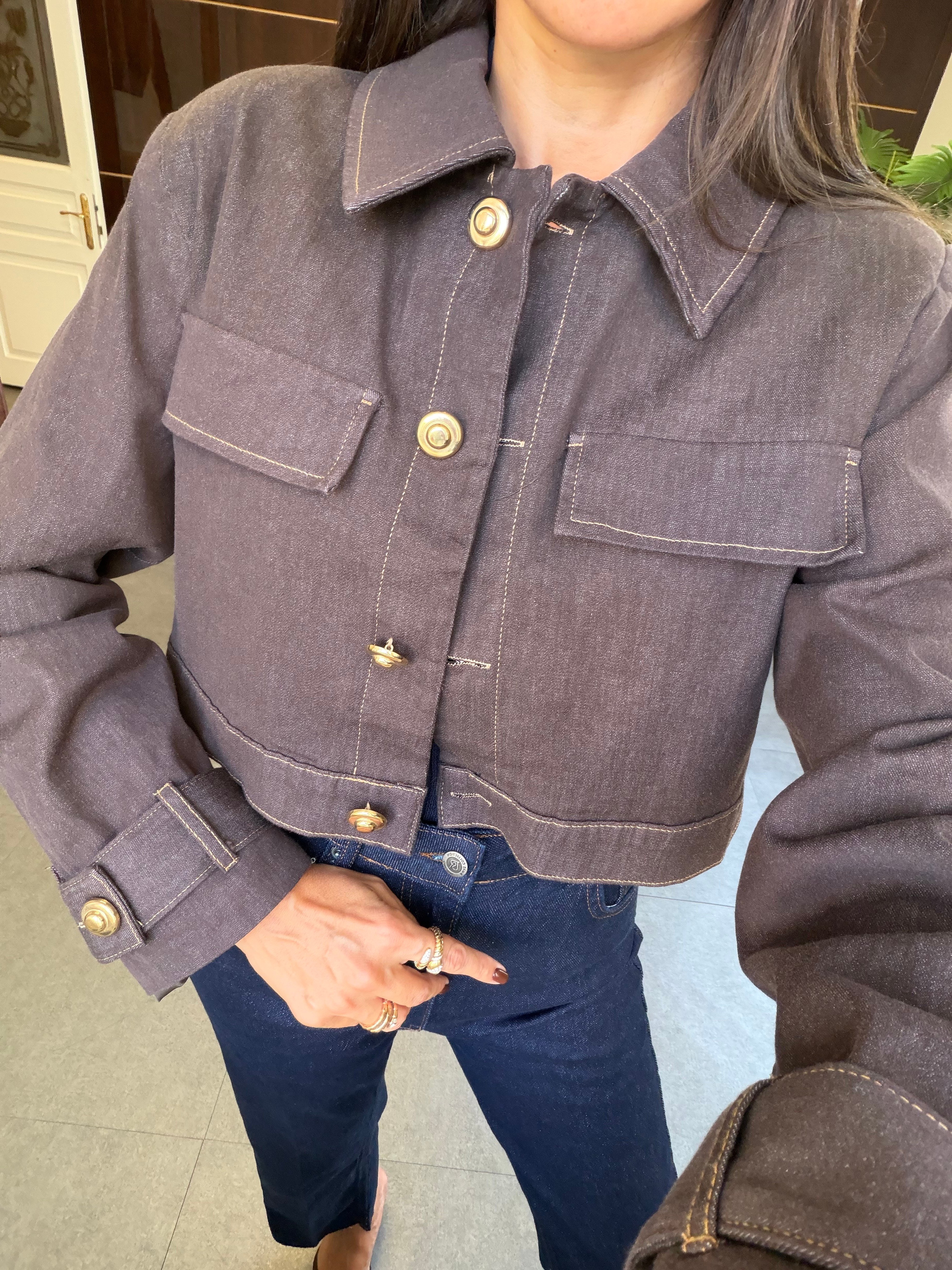 Kahve Denim Düğmeli Ceket