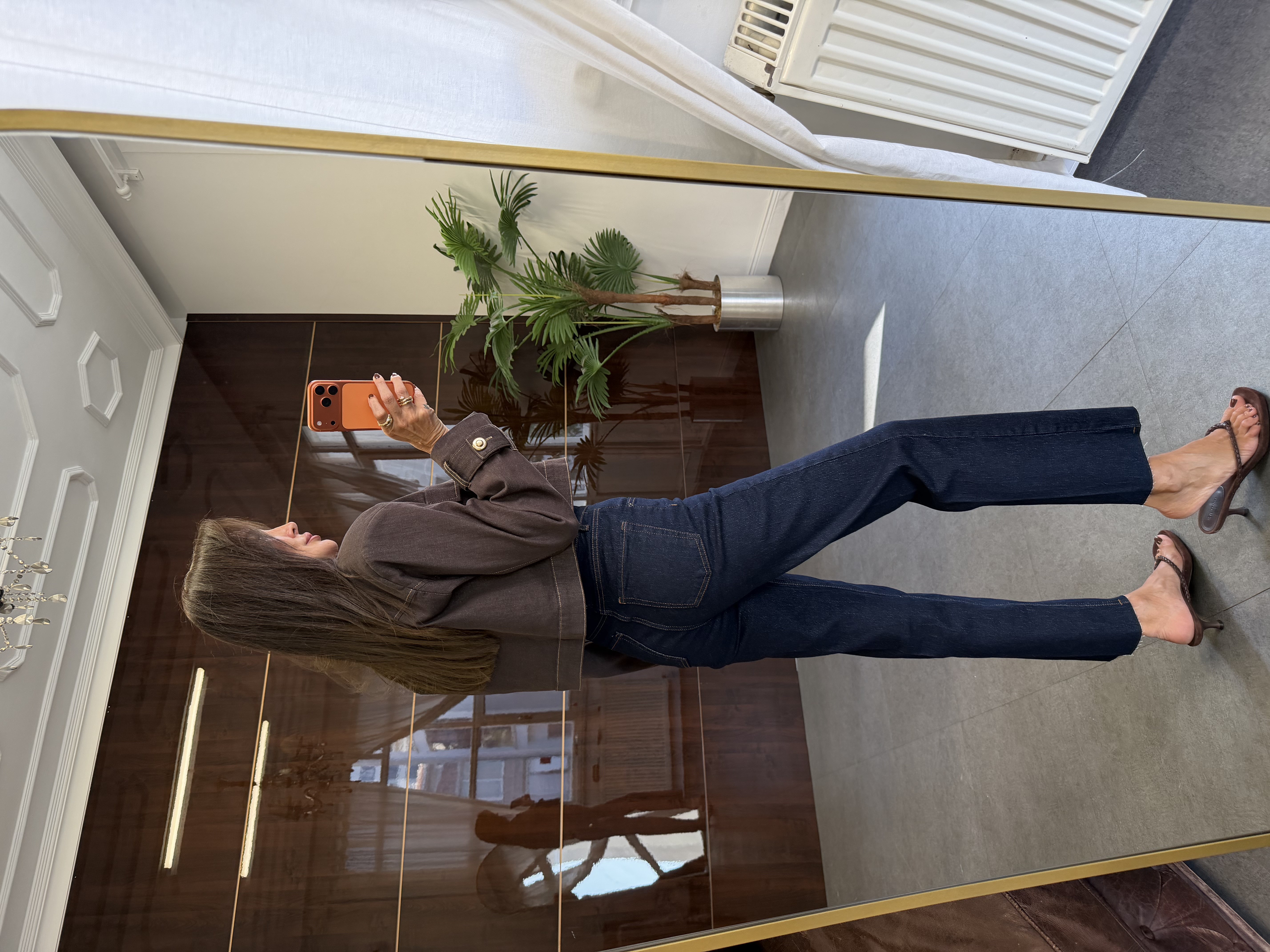 Kahve Denim Düğmeli Ceket