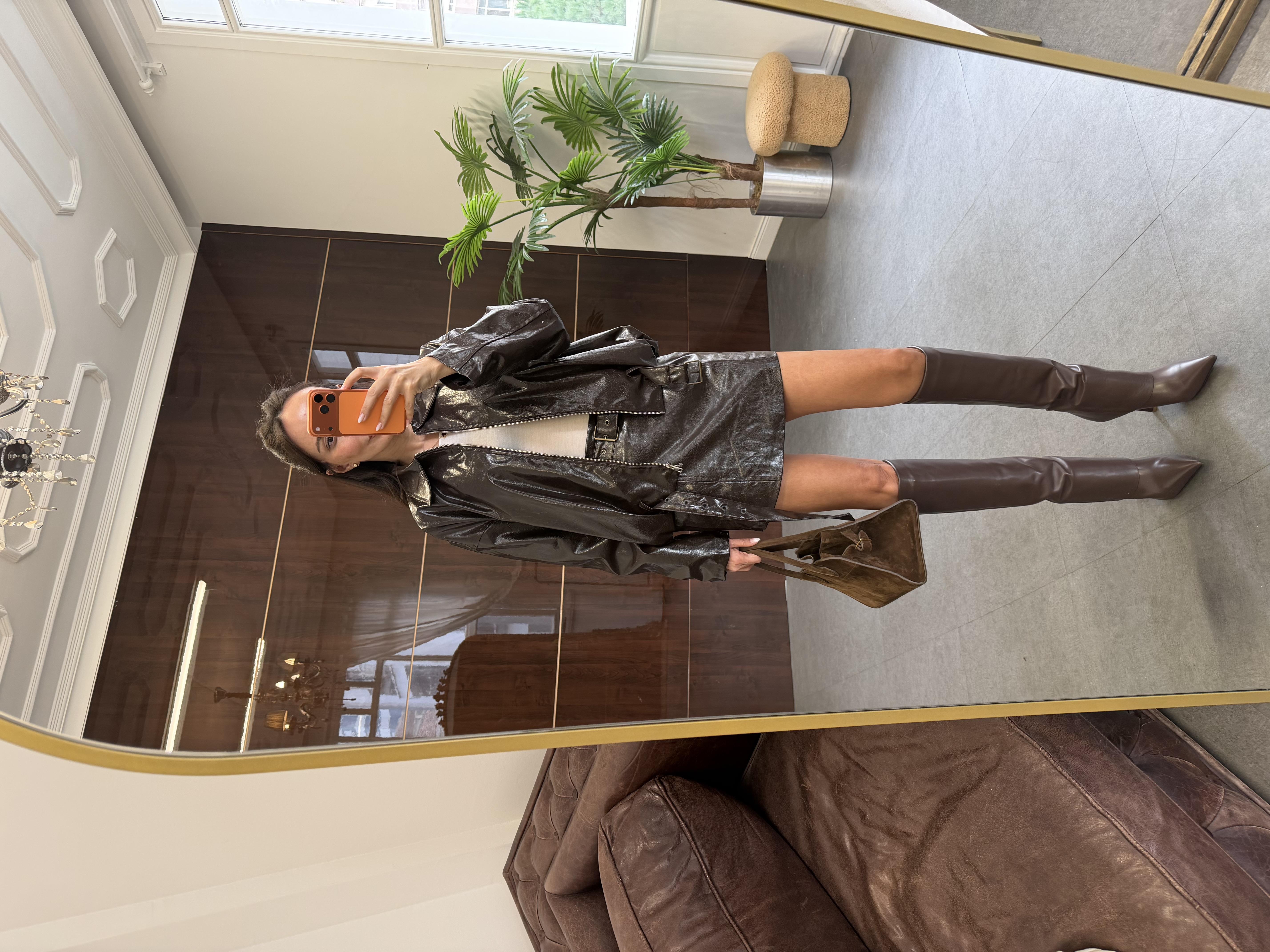 Kahve Deri Etekli Ceket Takım