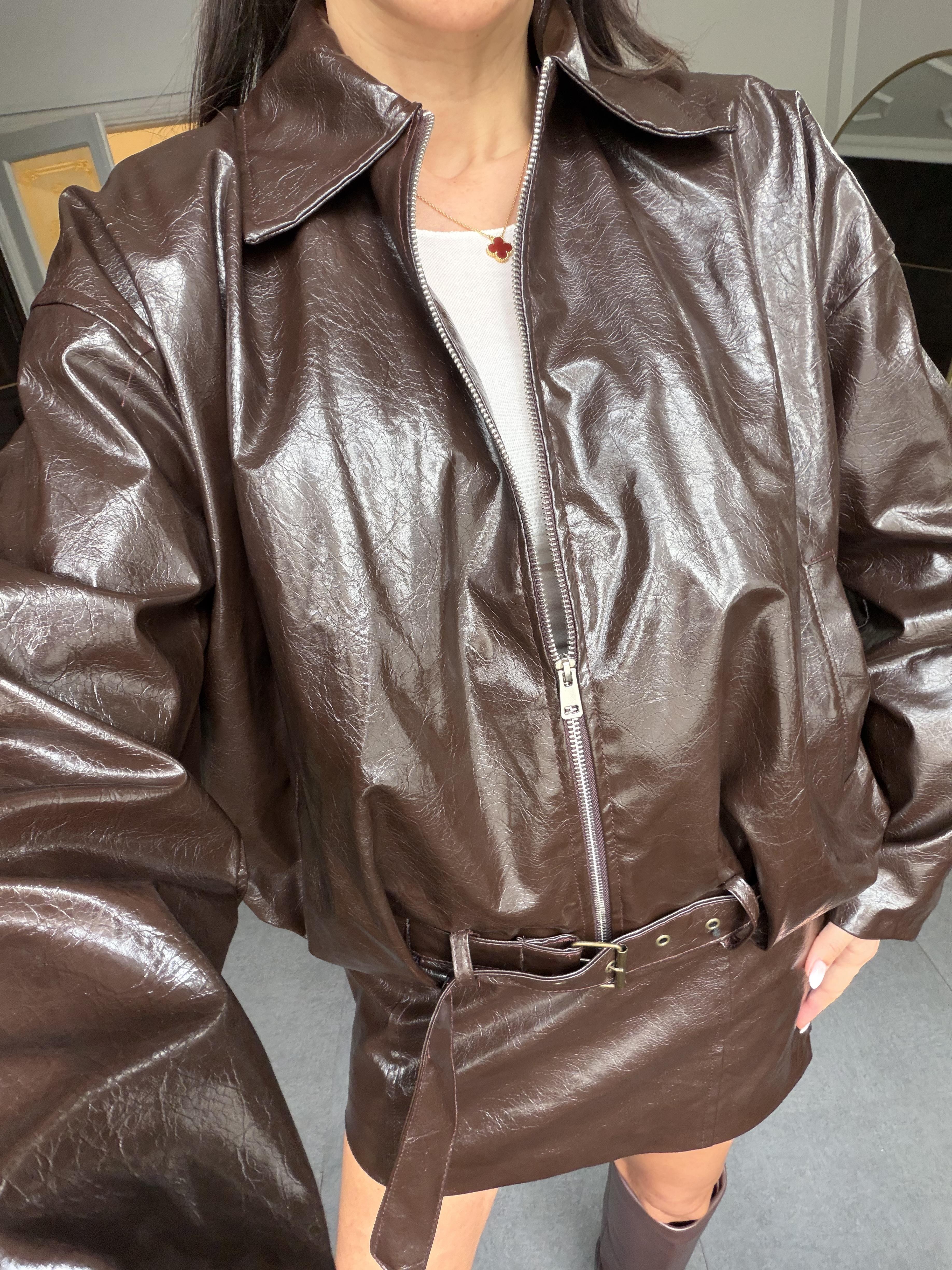 Kahve Deri Etekli Ceket Takım