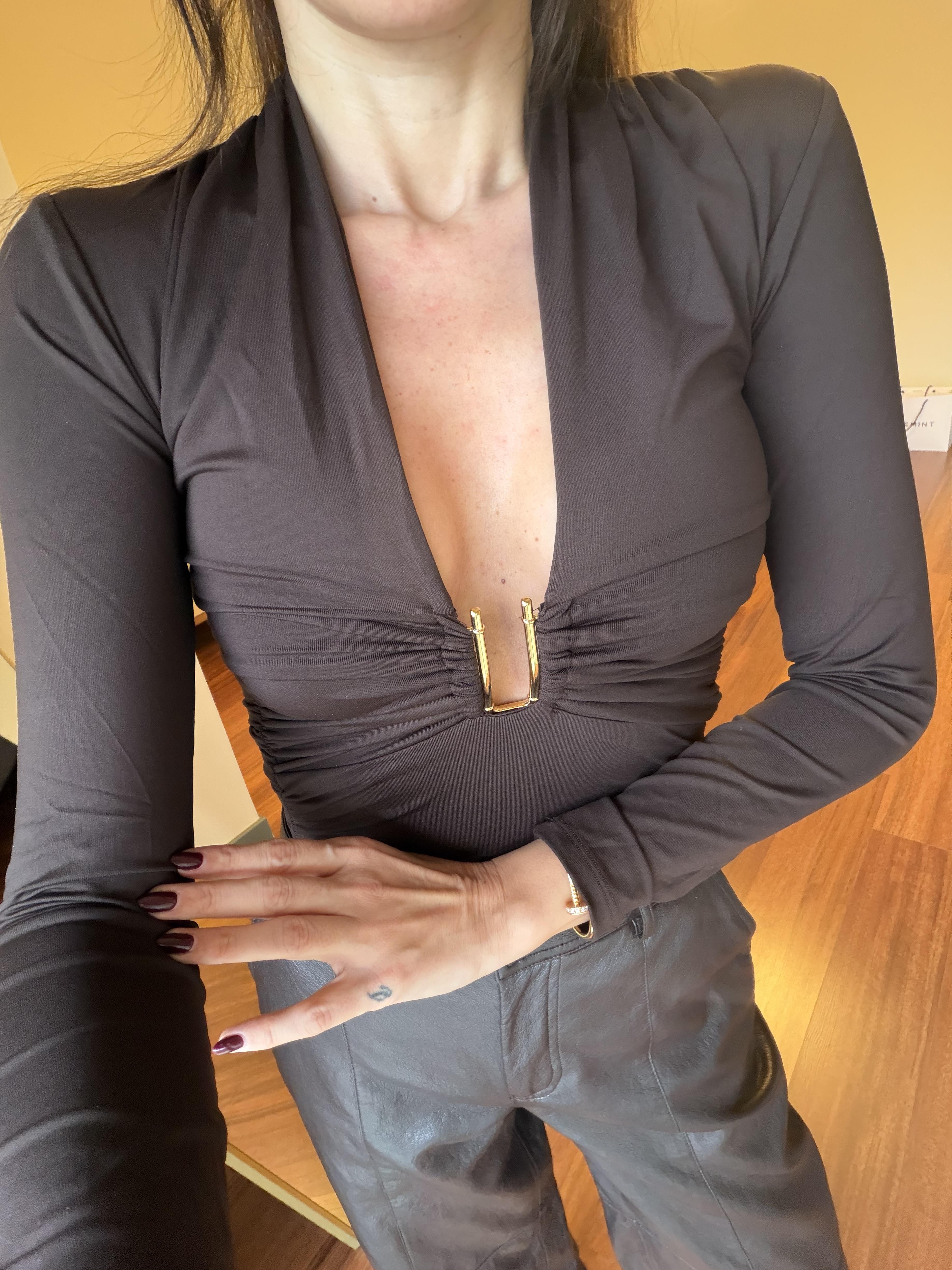 Kahve Derin V Yaka Bodysuit