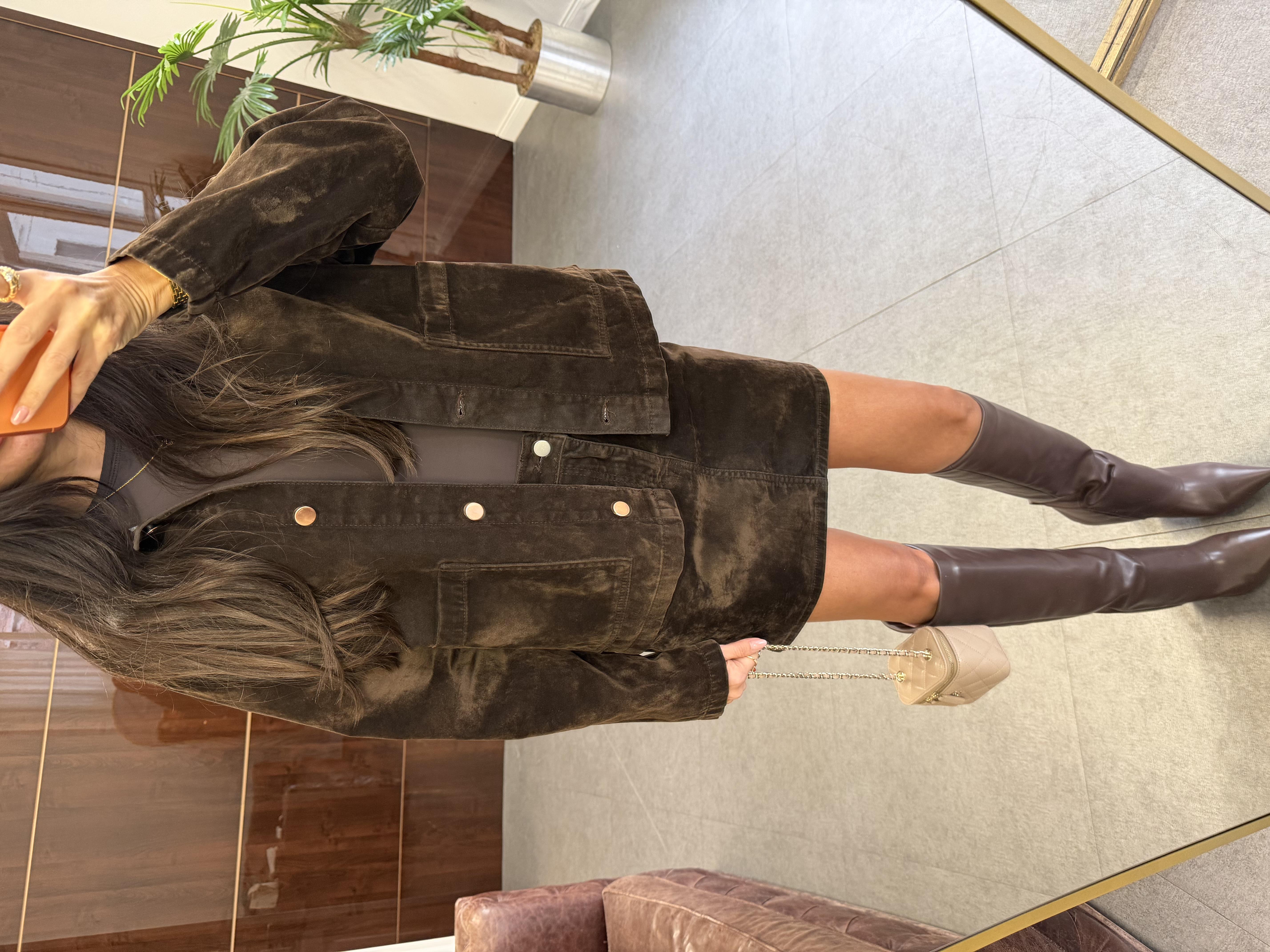 Kahve Flok Kaplama Cepli Ceket