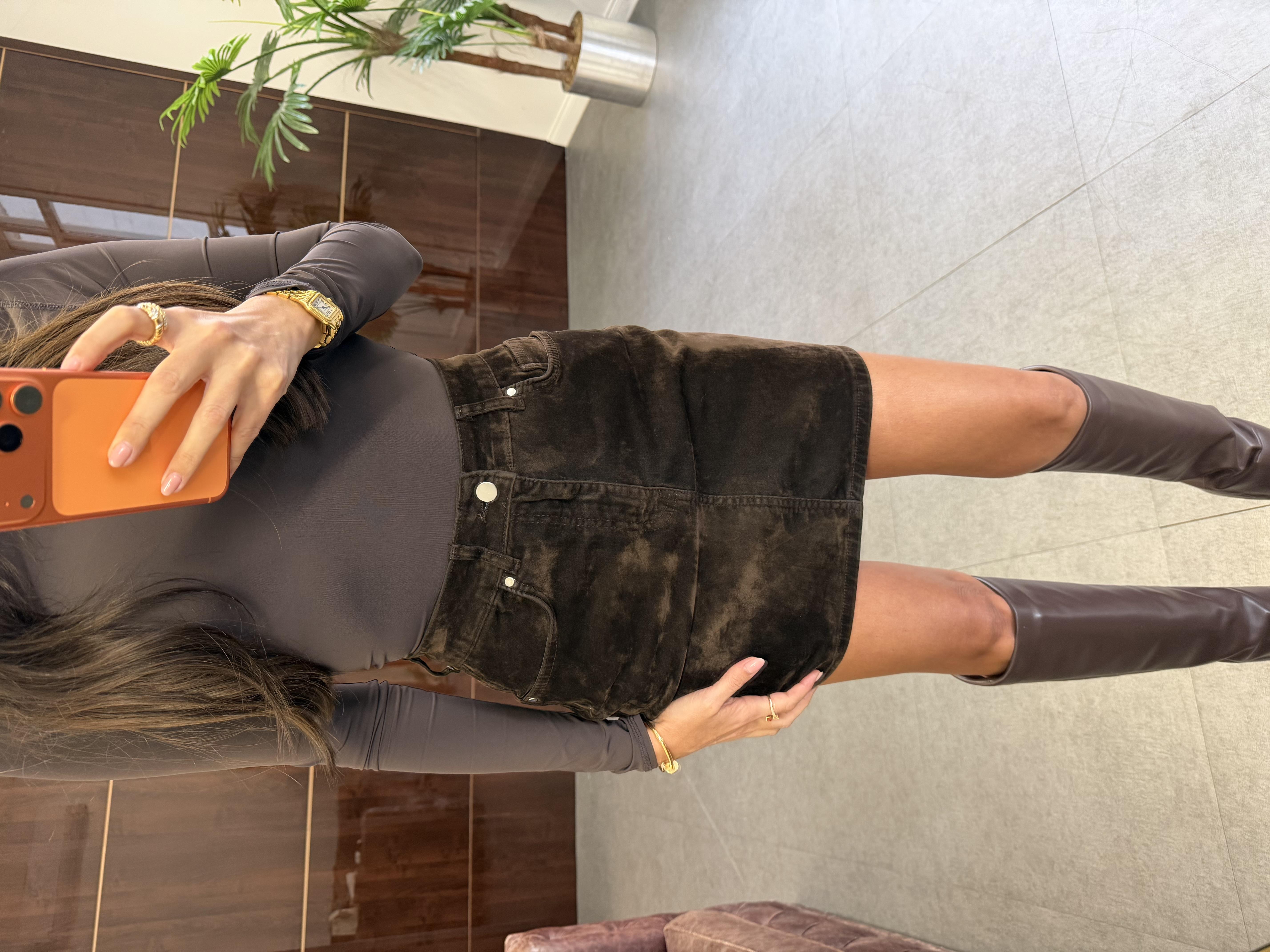 Kahve Flok Kaplama Likralı Mini Etek