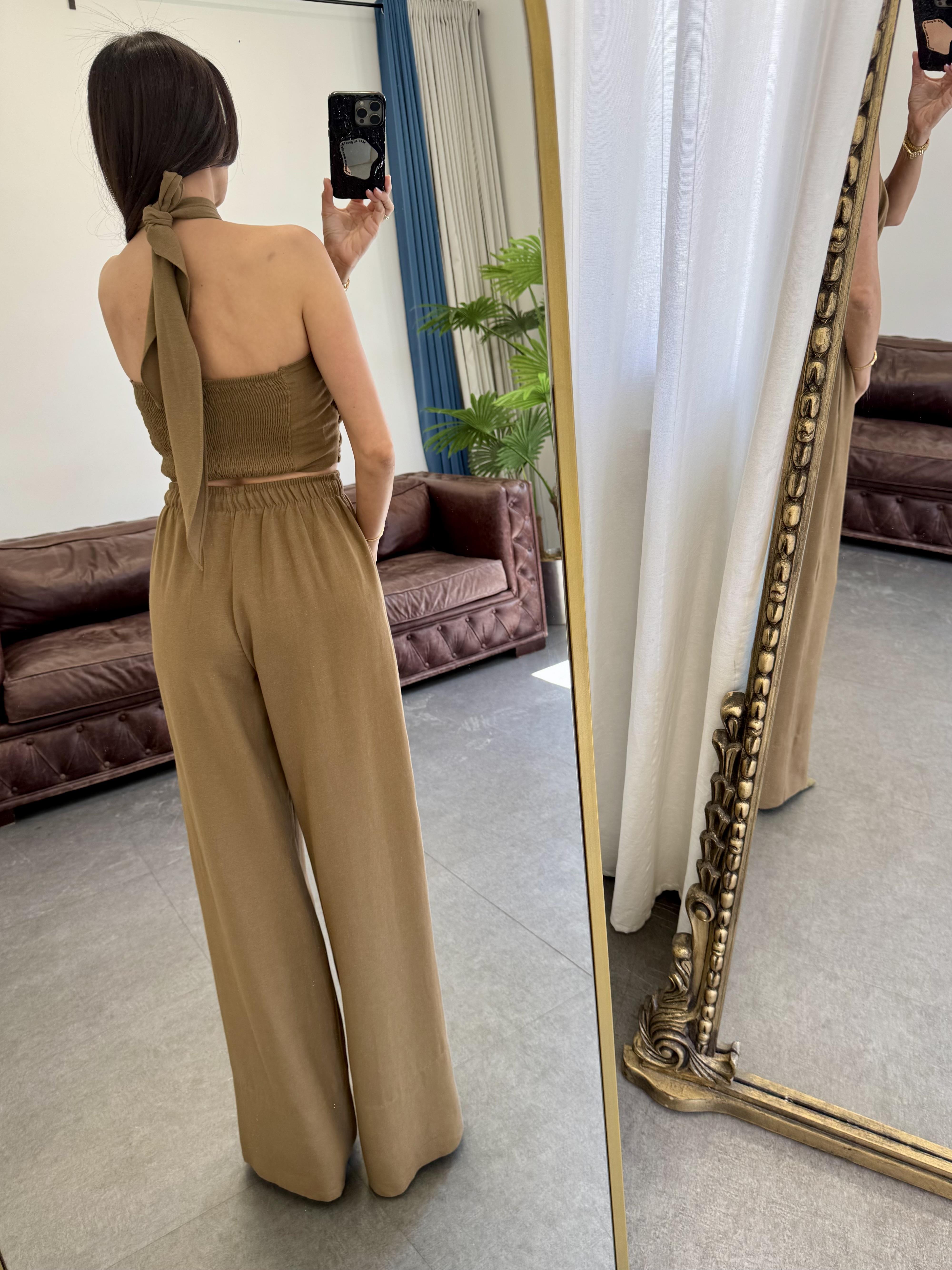 Kahve Halter Yaka Bluz Takım