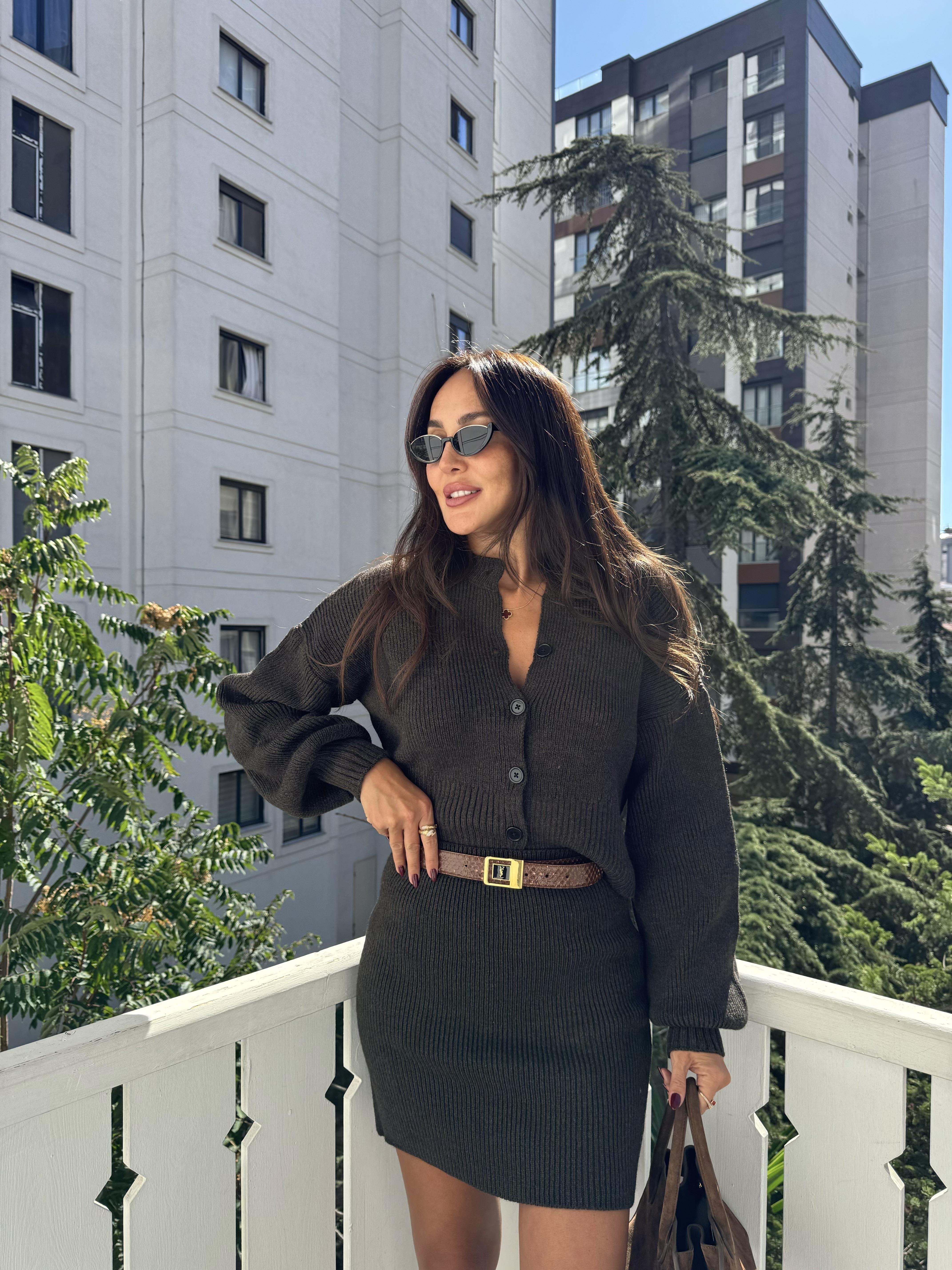 Kahve Hırka Etek 2li Takım