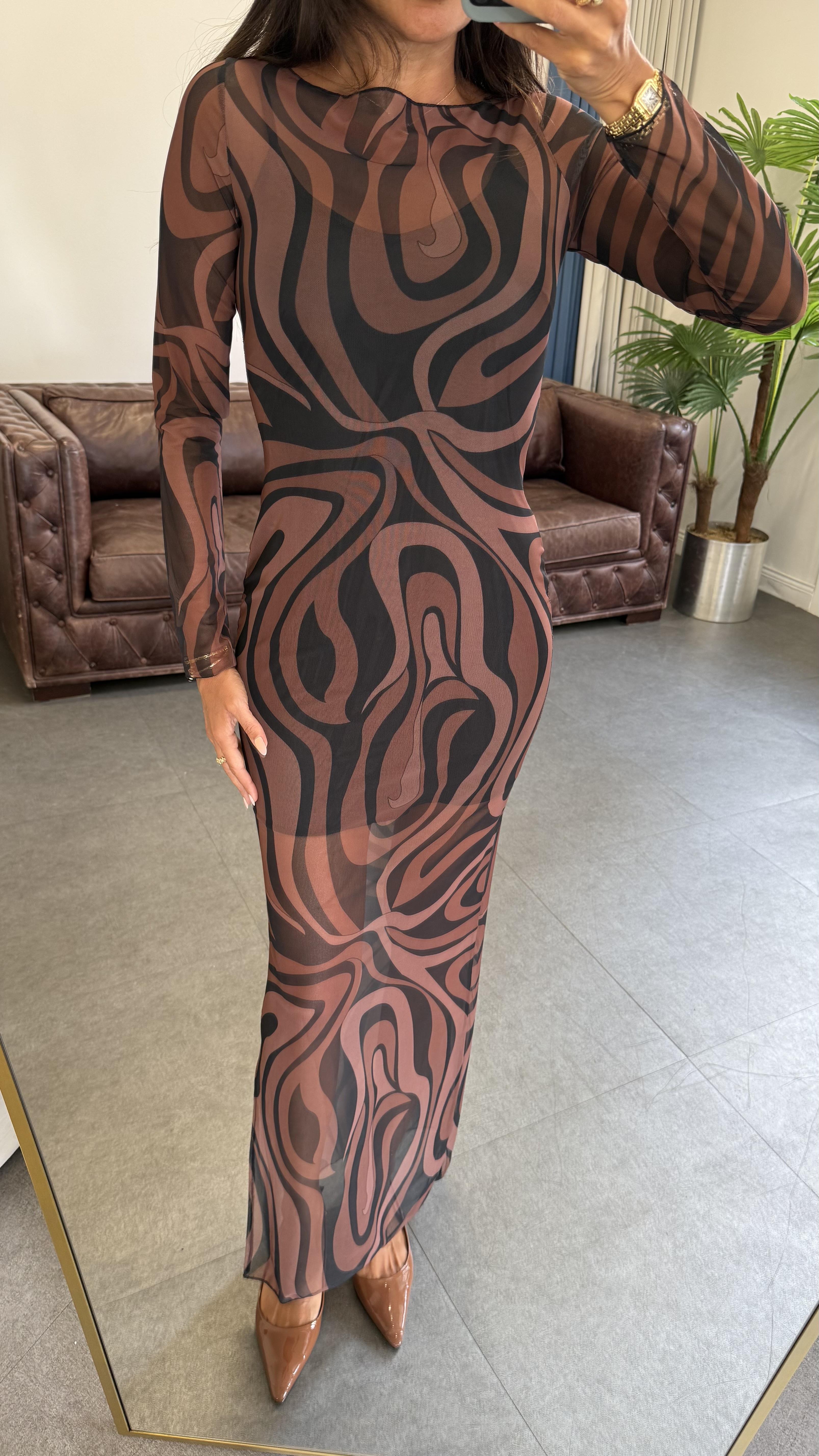 Kahve İbiza Desenli Tül Plaj Elbisesi