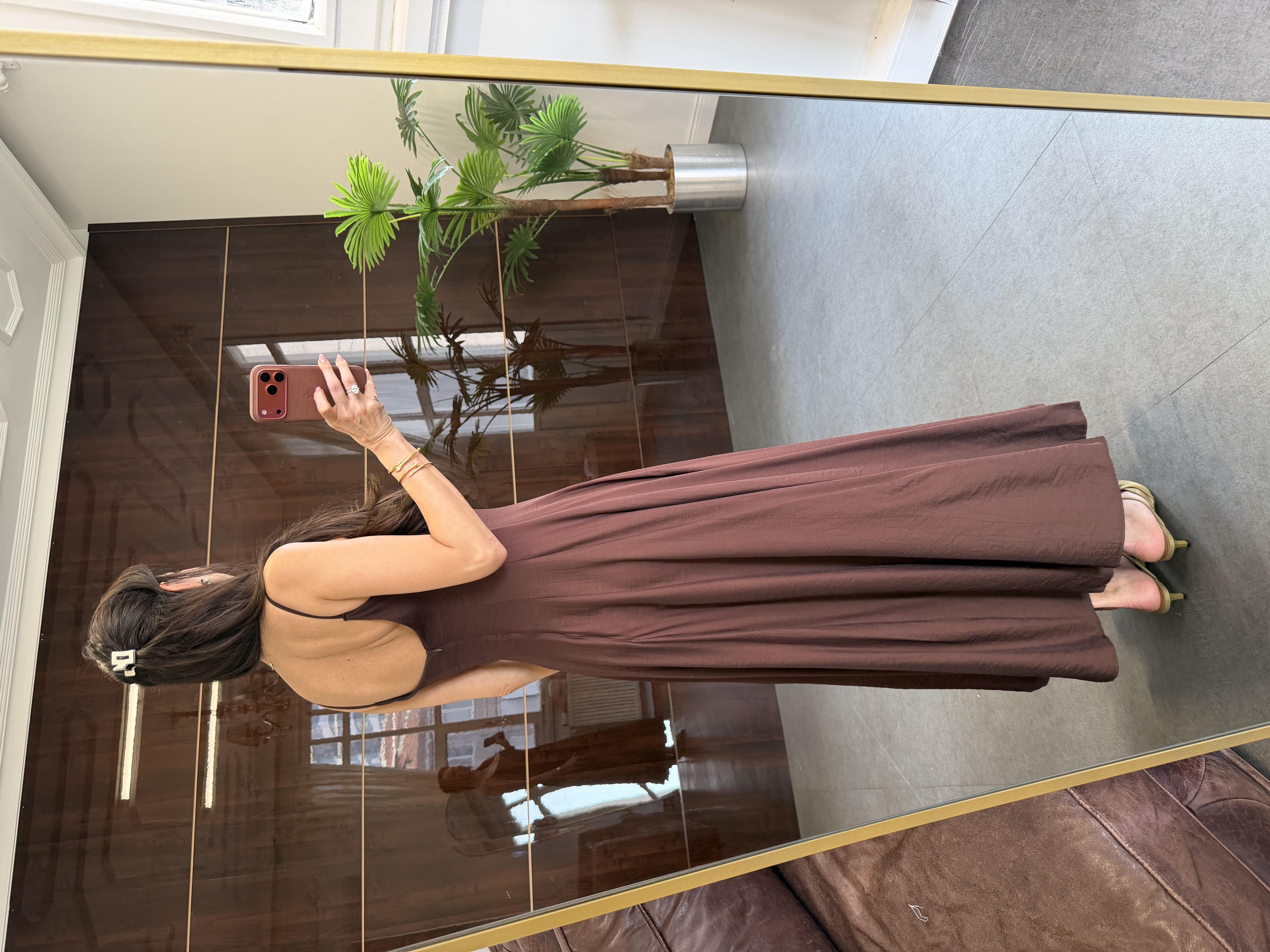 Kahve İp Askılı Etek Ucu Volanlı  Elbise